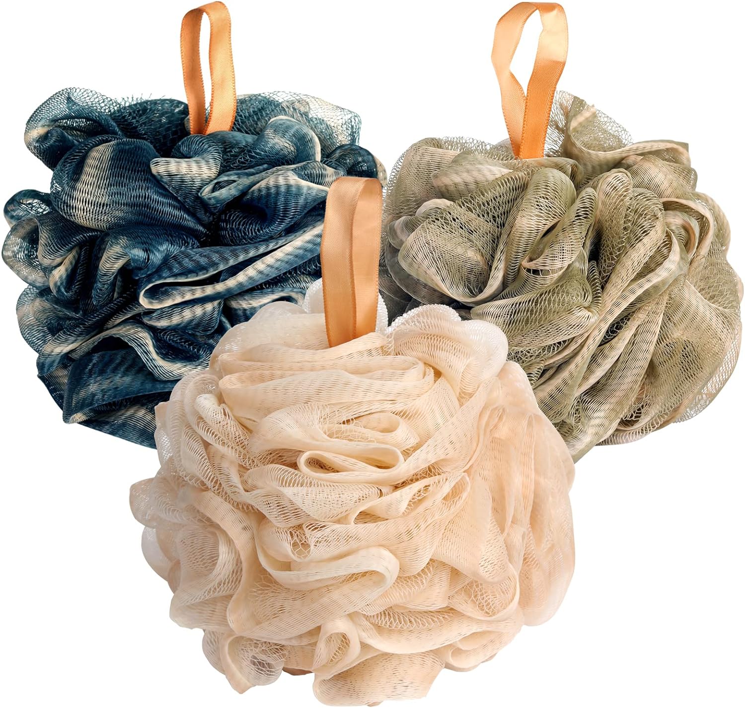 Fishent Bath Loofah Sponge, 3 Pack loofahs Exfoliating Body Scrubber, 60g Soft Mesh Pouf Shower Puffs, Loofa for Women (Pink-Peach-Coral)