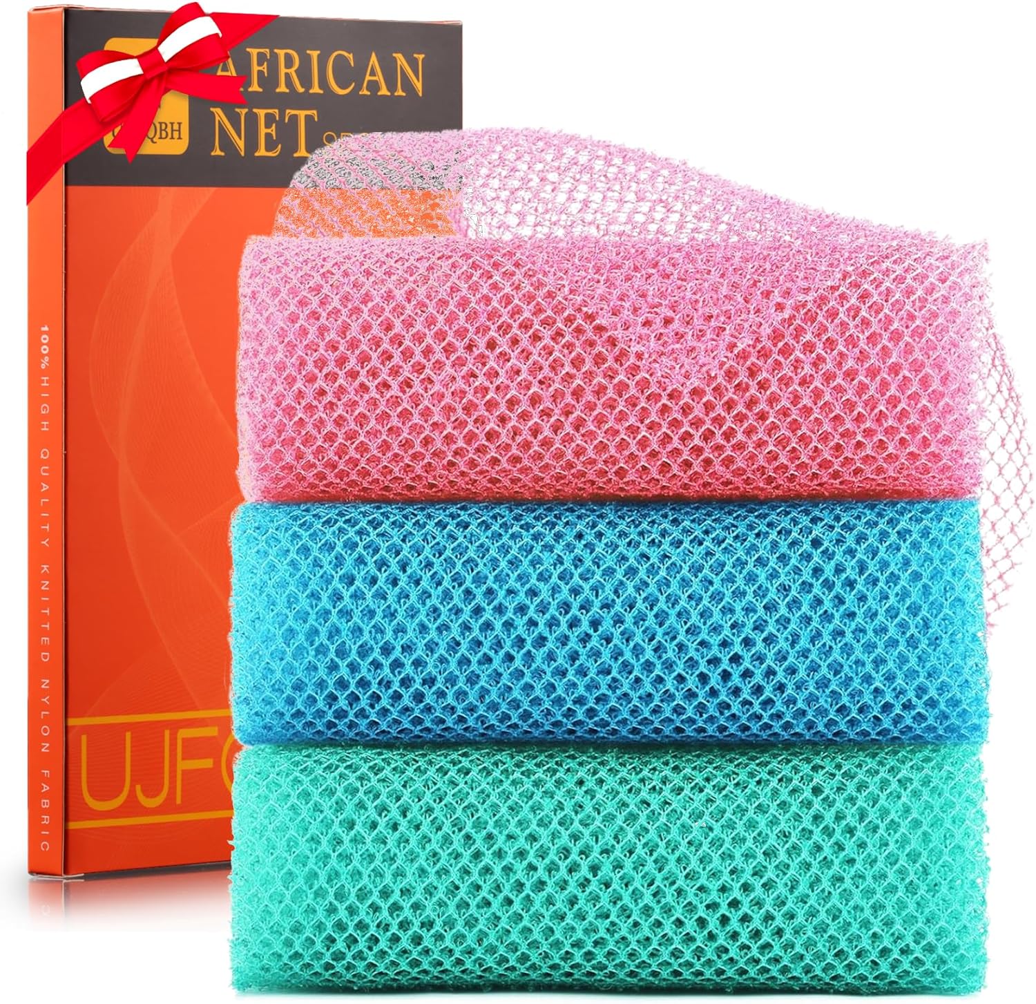 UJFQBH 3 Pieces African Bath Sponge African Net Long Net Bath Sponge Exfoliating Shower Body Scrubber Back Scrubber Skin Smoother,Great for Daily Use (Pink,Yellow,Purple)