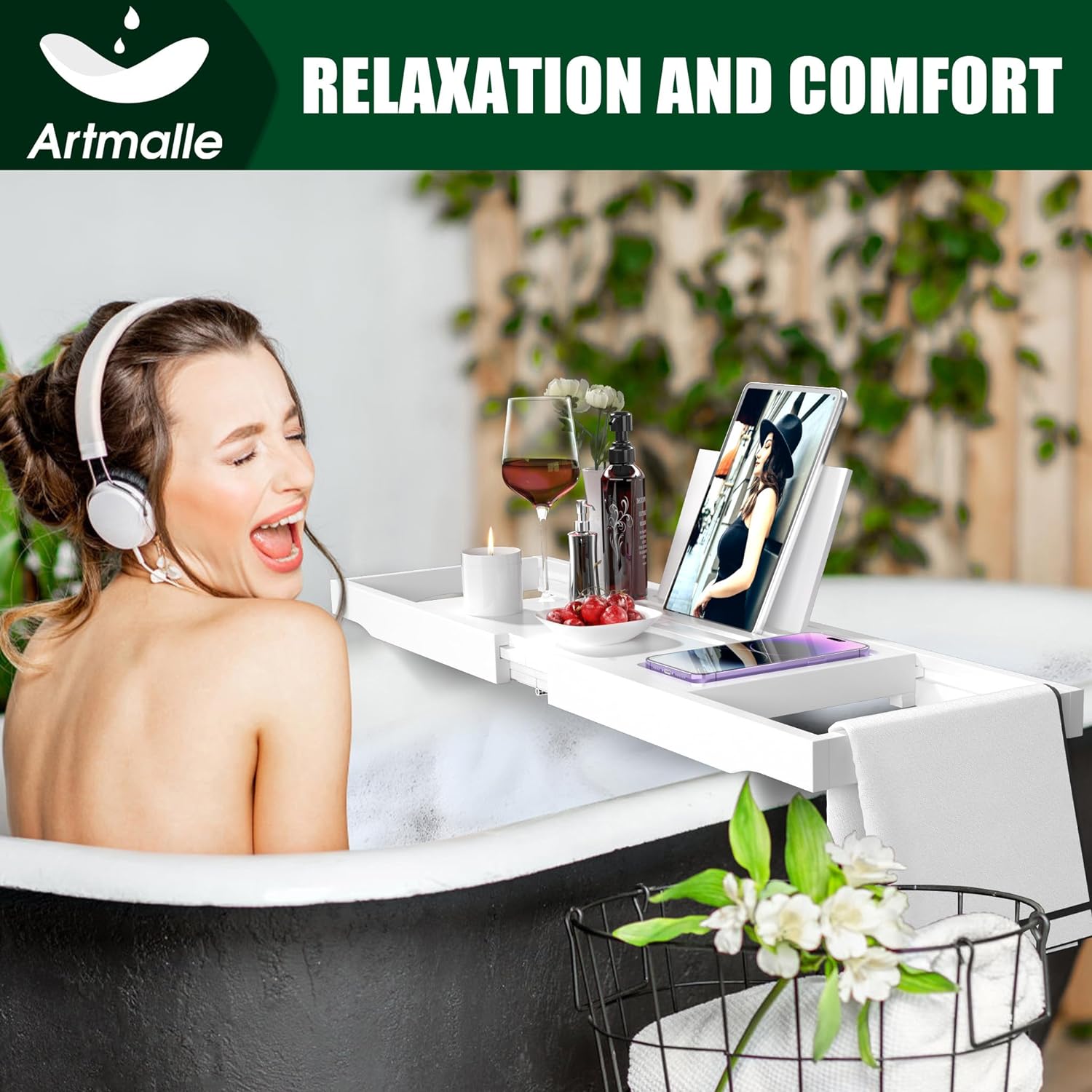 Artmalle Bathtub Caddy Tray for Tub,Foldable Bamboo Bath Table Tray with Book and Wine Glass Holder, Expandable Bathroom Accessories with Free Soap Dish Suitable for Luxury Spa or Reading