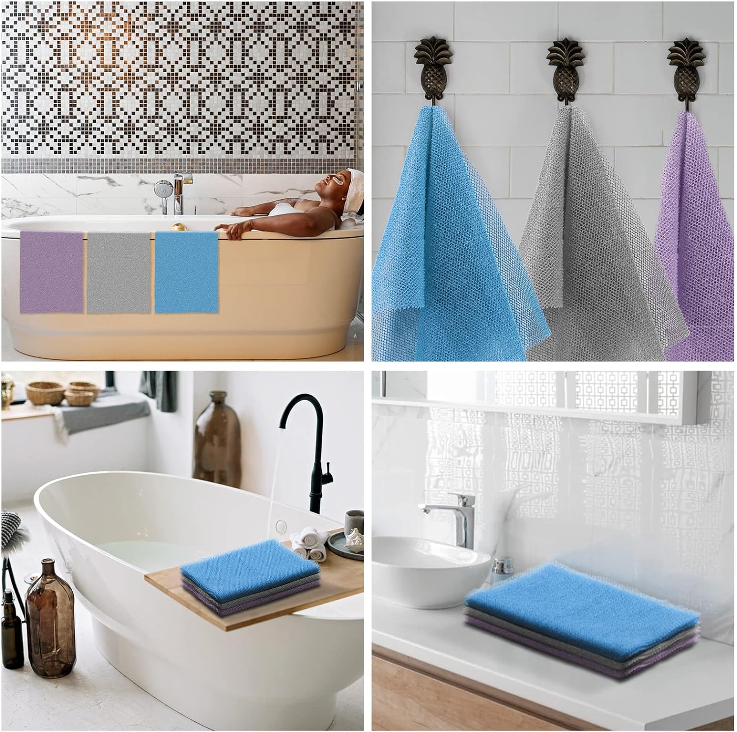 UJFQBH 3 Pieces African Bath Sponge African Net Long Net Bath Sponge Exfoliating Shower Body Scrubber Back Scrubber Skin Smoother,Great for Daily Use (Pink,Yellow,Purple)