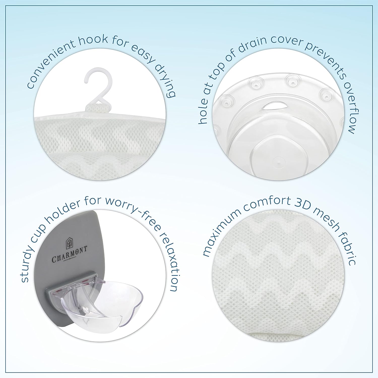 Charmont Luxury Bath Pillow Set, Relaxing Spa Bathtub Headrest for Head and Neck Support, Slip Resistant Waterproof Bathtub Cushion Strong Suction for Soaking Tub 3D Air Mesh with Accessories