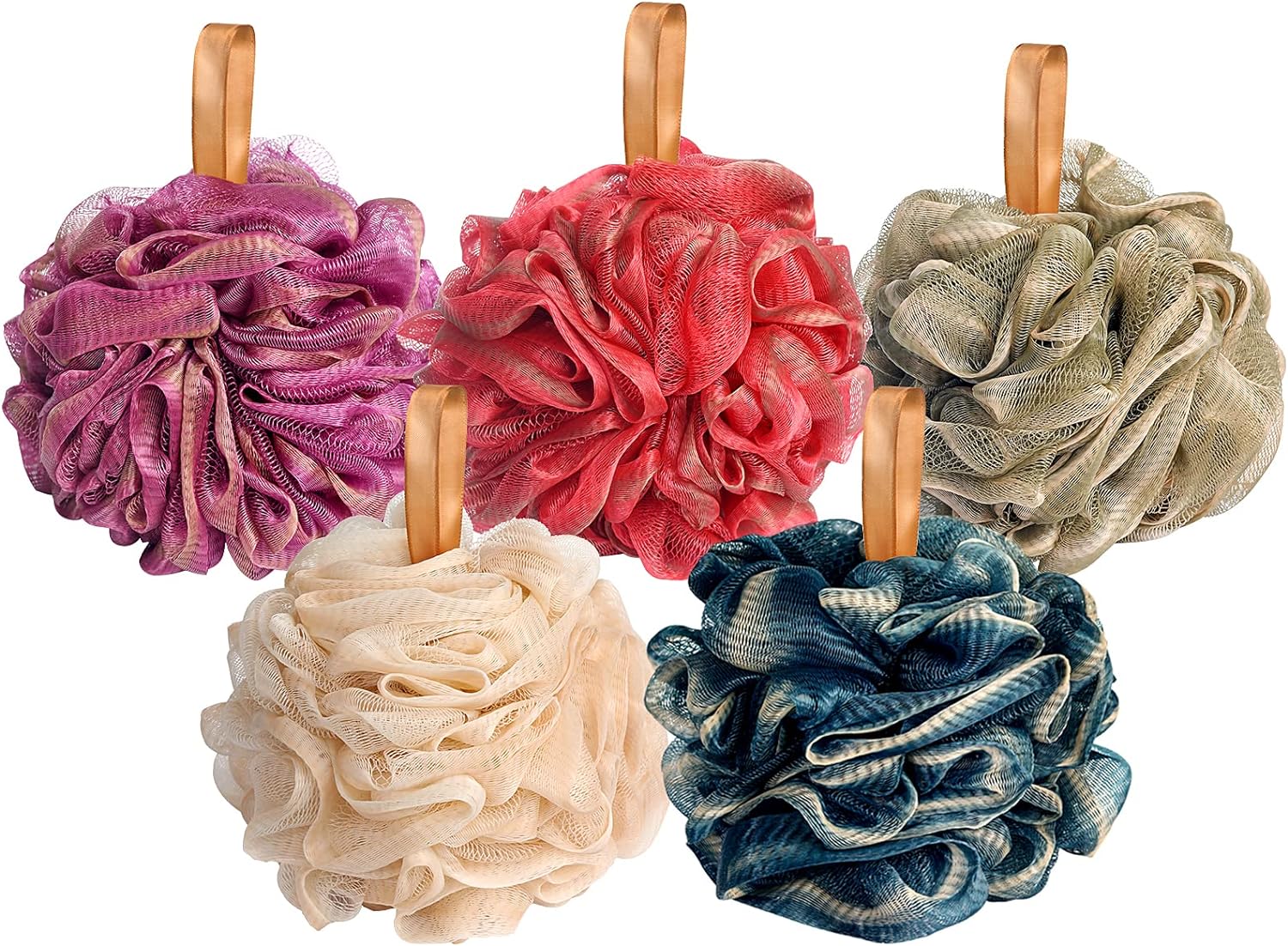 Fishent Bath Loofah Sponge, 3 Pack loofahs Exfoliating Body Scrubber, 60g Soft Mesh Pouf Shower Puffs, Loofa for Women (Pink-Peach-Coral)