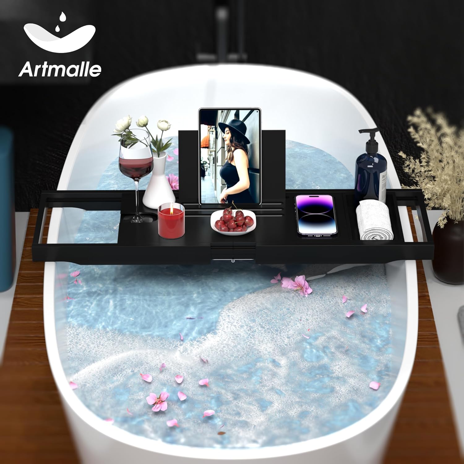 Artmalle Bathtub Caddy Tray for Tub,Foldable Bamboo Bath Table Tray with Book and Wine Glass Holder, Expandable Bathroom Accessories with Free Soap Dish Suitable for Luxury Spa or Reading