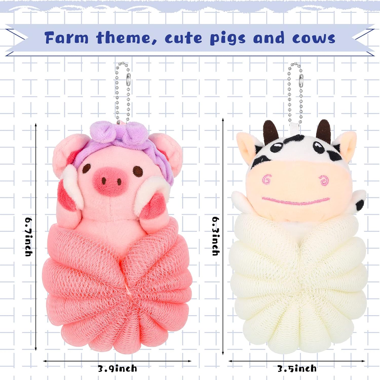 Vesici 2 Pcs Bath Sponge Kids Body Shower Loofah Cute Animal Cartoon Colorful Baby Pouf Mesh for Toddler Children Adults Gifts Washing Exfoliating, Pig and Cow 1 count