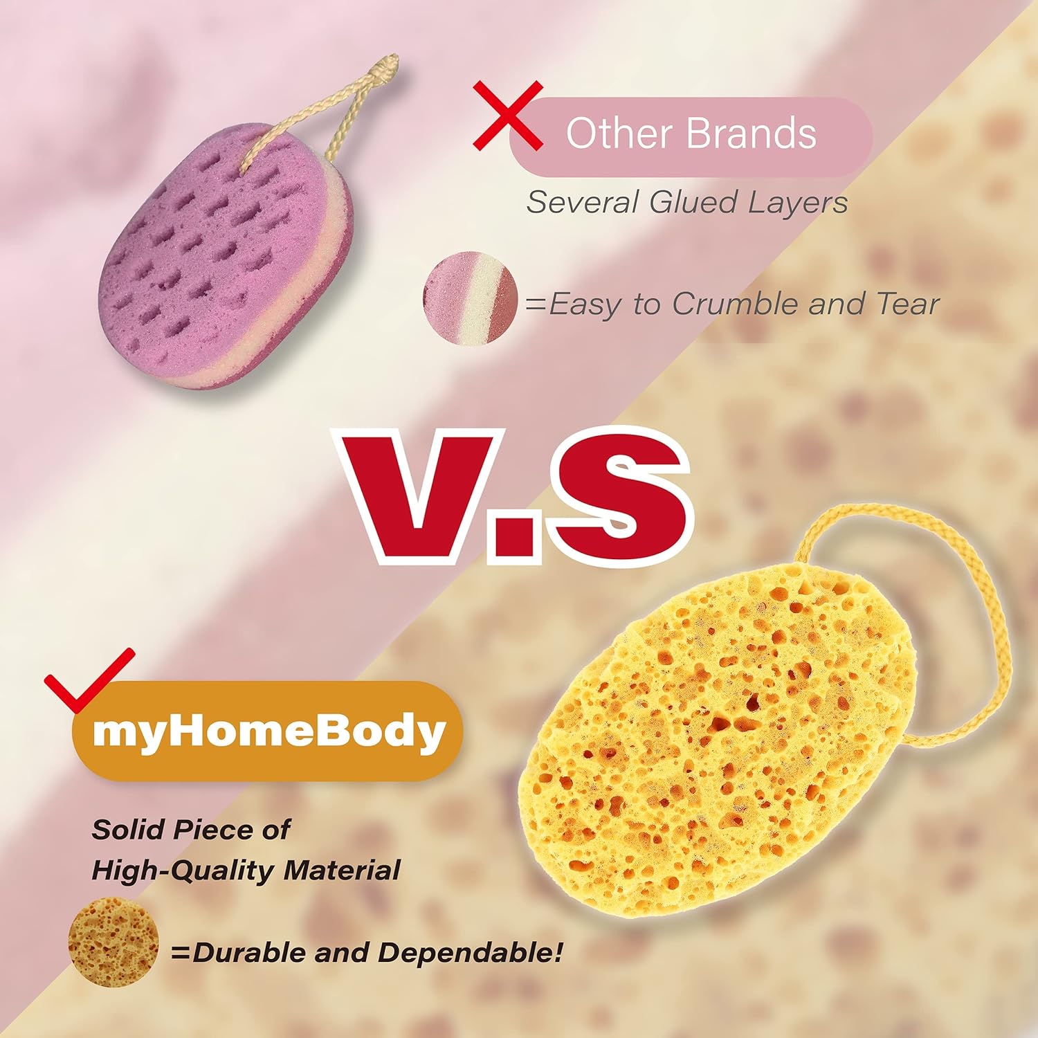 myHomeBody Premium Bath Sponge, Foam Loofah Sponge, Body Sponge for Shower - Large Size, Lots of Lather, Curvy, 3 Pack