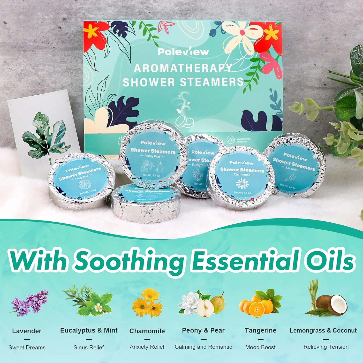 Poleview Shower Steamers Aromatherapy, Variety Pack of 15 Shower Bombs with Essential Oil for Home SPA, Relaxation, Meditation and Calming - Stress Relief and Self Care Gifts Set for Women and Men