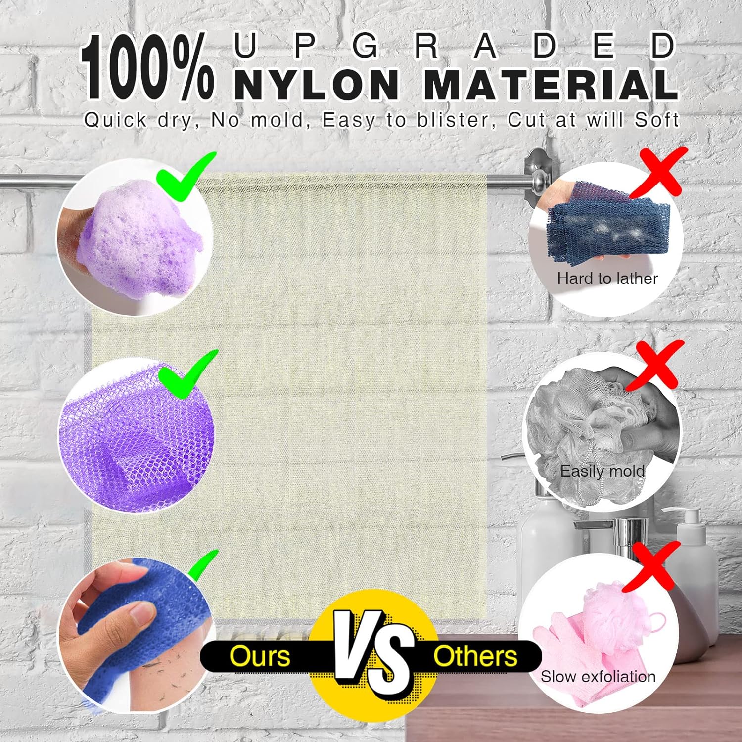 UJFQBH 3 Pieces African Bath Sponge African Net Long Net Bath Sponge Exfoliating Shower Body Scrubber Back Scrubber Skin Smoother,Great for Daily Use (Pink,Yellow,Purple)