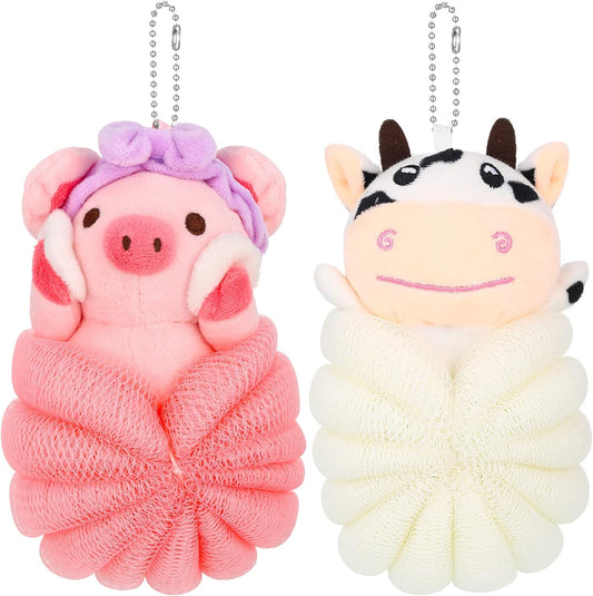 Vesici 2 Pcs Bath Sponge Kids Body Shower Loofah Cute Animal Cartoon Colorful Baby Pouf Mesh for Toddler Children Adults Gifts Washing Exfoliating, Pig and Cow 1 count