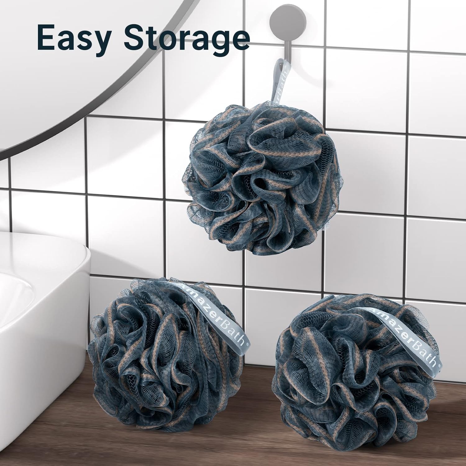 AmazerBath Loofah Sponge, Shower Loofah for Men and Women - Body Scrubber Loofa Set of 3 Classic Black & White Edge, Bath Sponge 60g/PCS