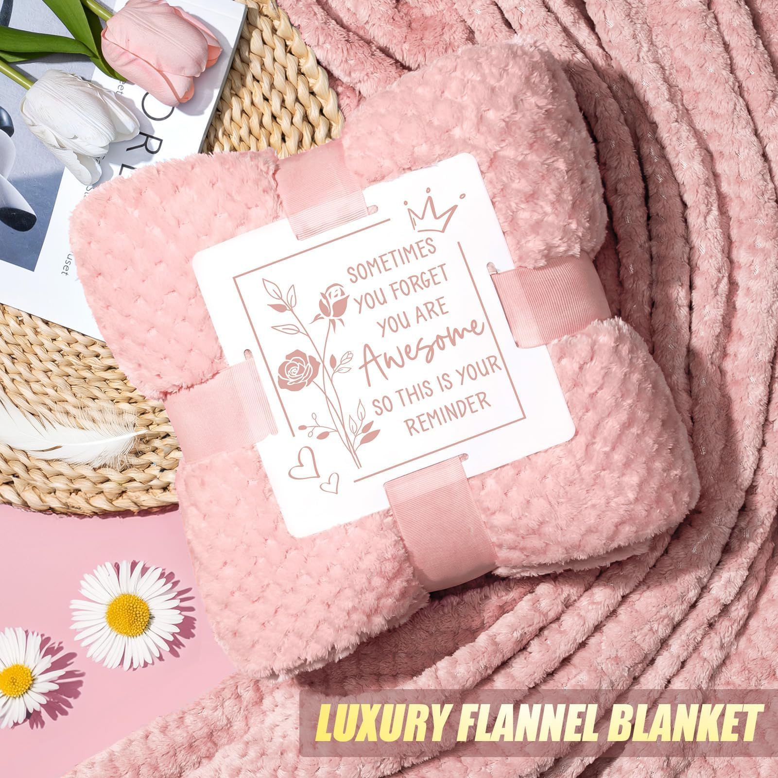 SEDUMBLISS NR 4 - Birthday Gifts for Women Self Care Get Well Soon Gifts, Rose Relaxing Spa Gifts Box Care Package Basket w/ Luxury Flannel Blanket 40 oz Tumbler, Christmas Gifts Set for Mom Her Wife Girlfriend Sister