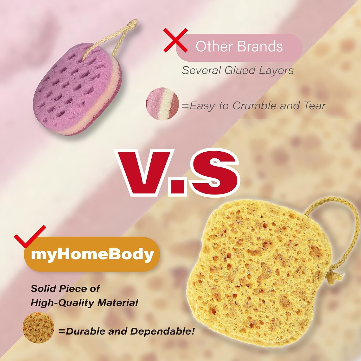 myHomeBody Premium Bath Sponge, Foam Loofah Sponge, Body Sponge for Shower - Large Size, Lots of Lather, Curvy, 3 Pack