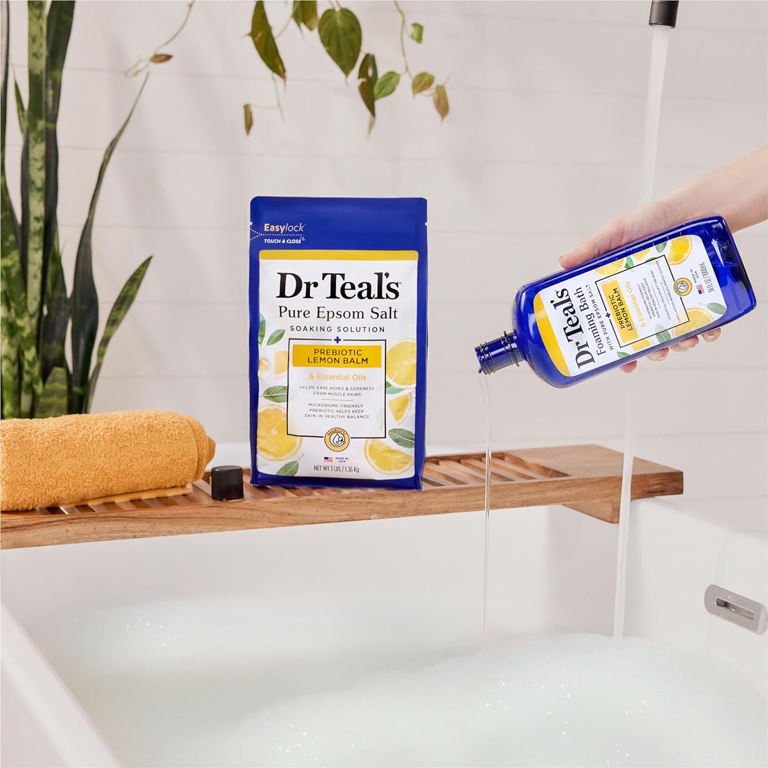 Dr Teal's Foaming Bath with Pure Epsom Salt, Sleep Blend with Melatonin, Lavender & Chamomile Essential Oils, 34 fl oz (Pack of 4) (Packaging May Vary)