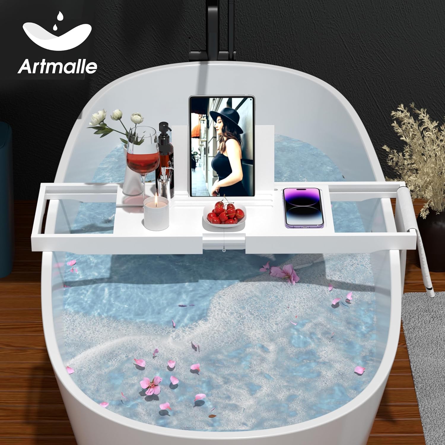 Artmalle Bathtub Caddy Tray for Tub,Foldable Bamboo Bath Table Tray with Book and Wine Glass Holder, Expandable Bathroom Accessories with Free Soap Dish Suitable for Luxury Spa or Reading