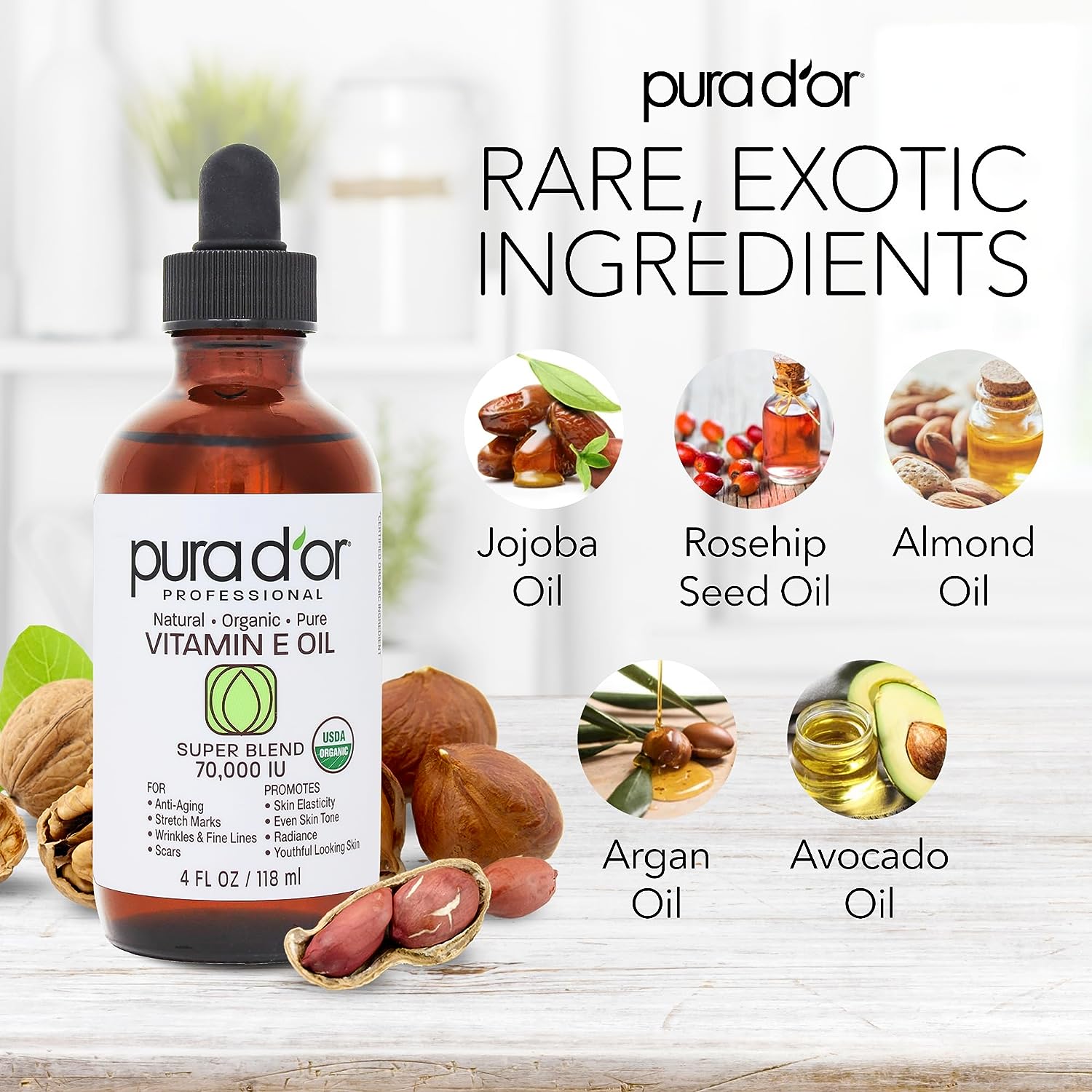 PURA D'OR Organic Vitamin E Oil Blend 70,000 IU (4oz / 118mL) 100% Natural Hexane Free, Sweet Almond, Apricot, Jojoba, Argan, Rosehip, Sunflower & Avocado Bath Oil for Scars, Skin, Face & Full Body