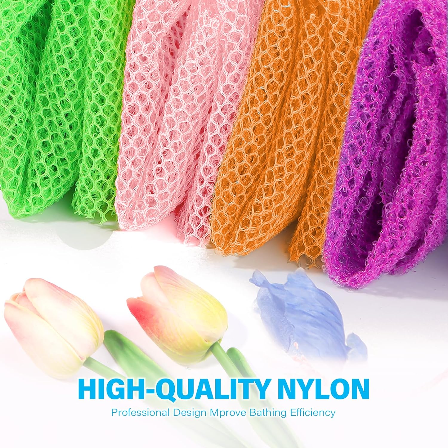 UJFQBH 3 Pieces African Bath Sponge African Net Long Net Bath Sponge Exfoliating Shower Body Scrubber Back Scrubber Skin Smoother,Great for Daily Use (Pink,Yellow,Purple)