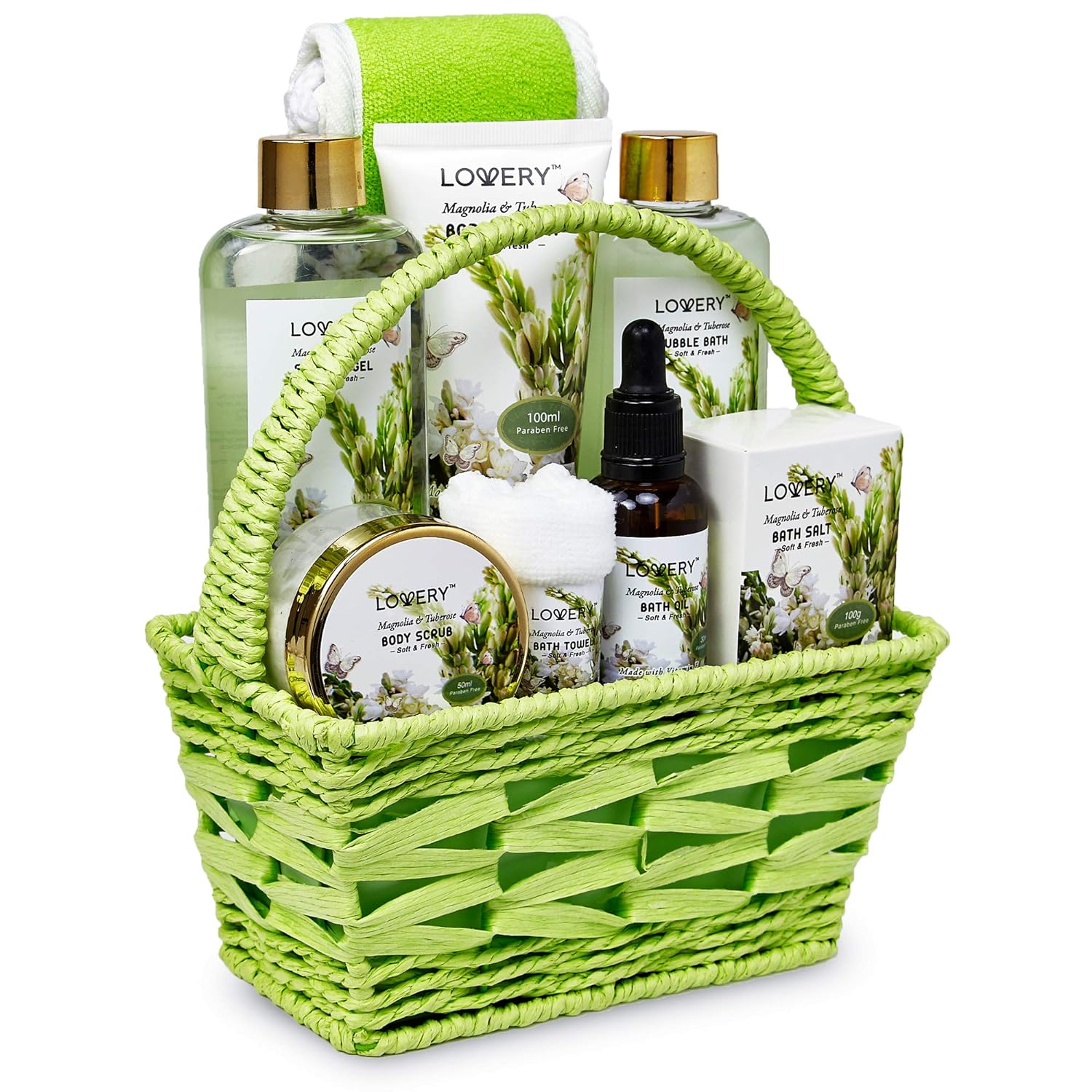 Valentines Day Gifts from Daughter and Son, Bath and Body Birthday Gift Basket For Women and Men – Magnolia & Tuberose Home Spa Set, Includes Fragrant Lotions, Massage Oil, Bath Towel & More - 9pc Set