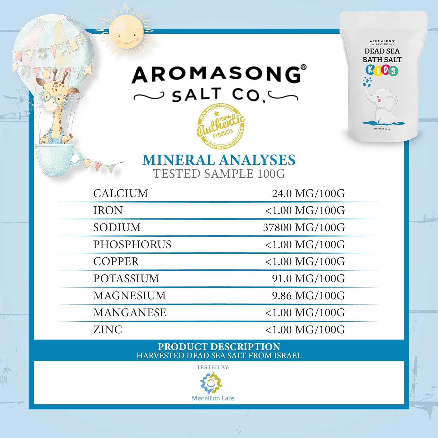 Aromasong Dead Sea Salt for Kids Bath Soak, 4 Lbs. Fine Grain Large Bulk resealable Pack, 100% Pure & Natural.