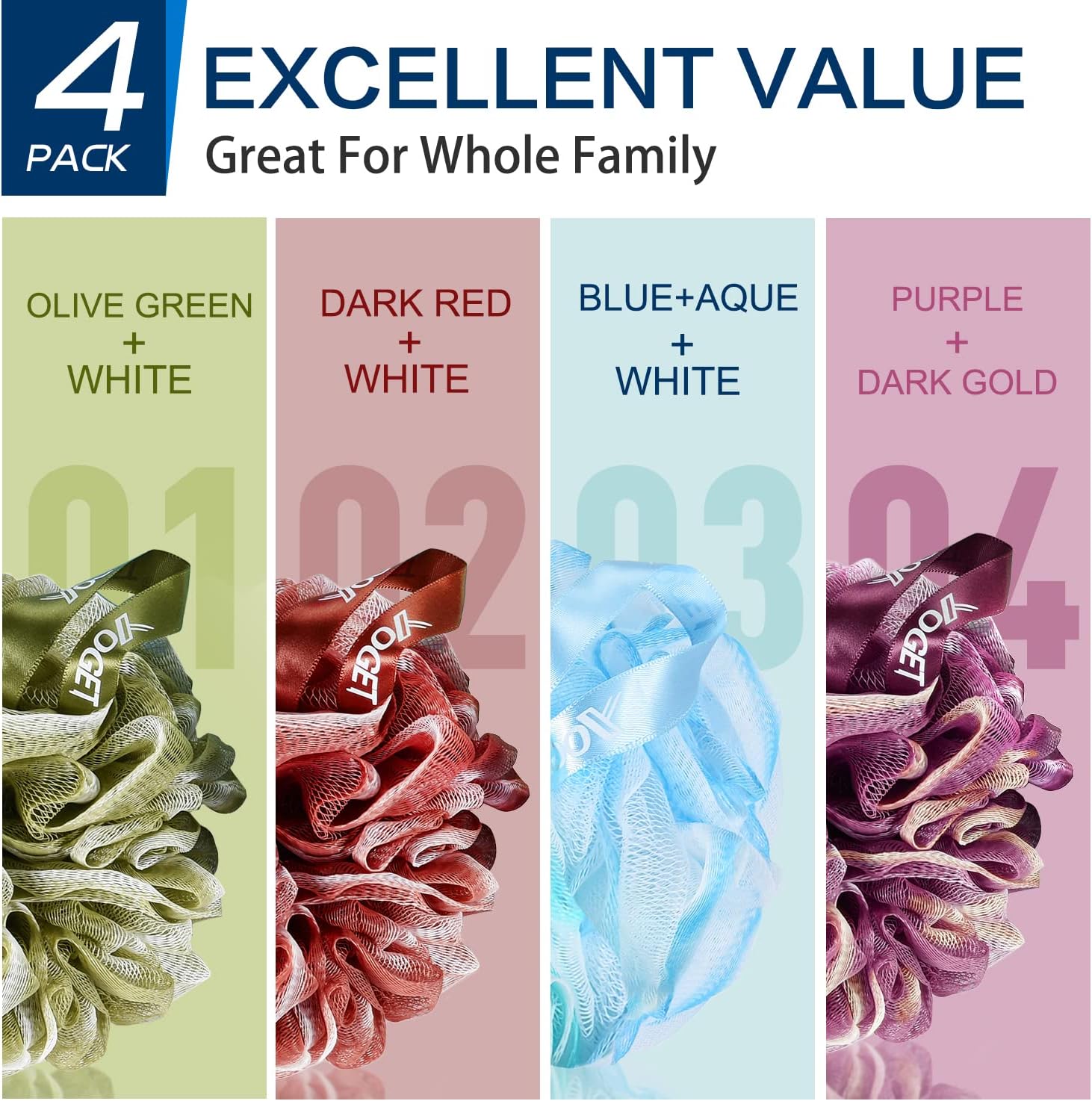 Yoget Charcoal Bath Loofah Sponge, 4 Pack Black 60G Large Shower Mesh Ball Soft Pouf Body Scrubber, Exfoliate, Cleanse, Soothe Skin, Black Loofah with White Trim