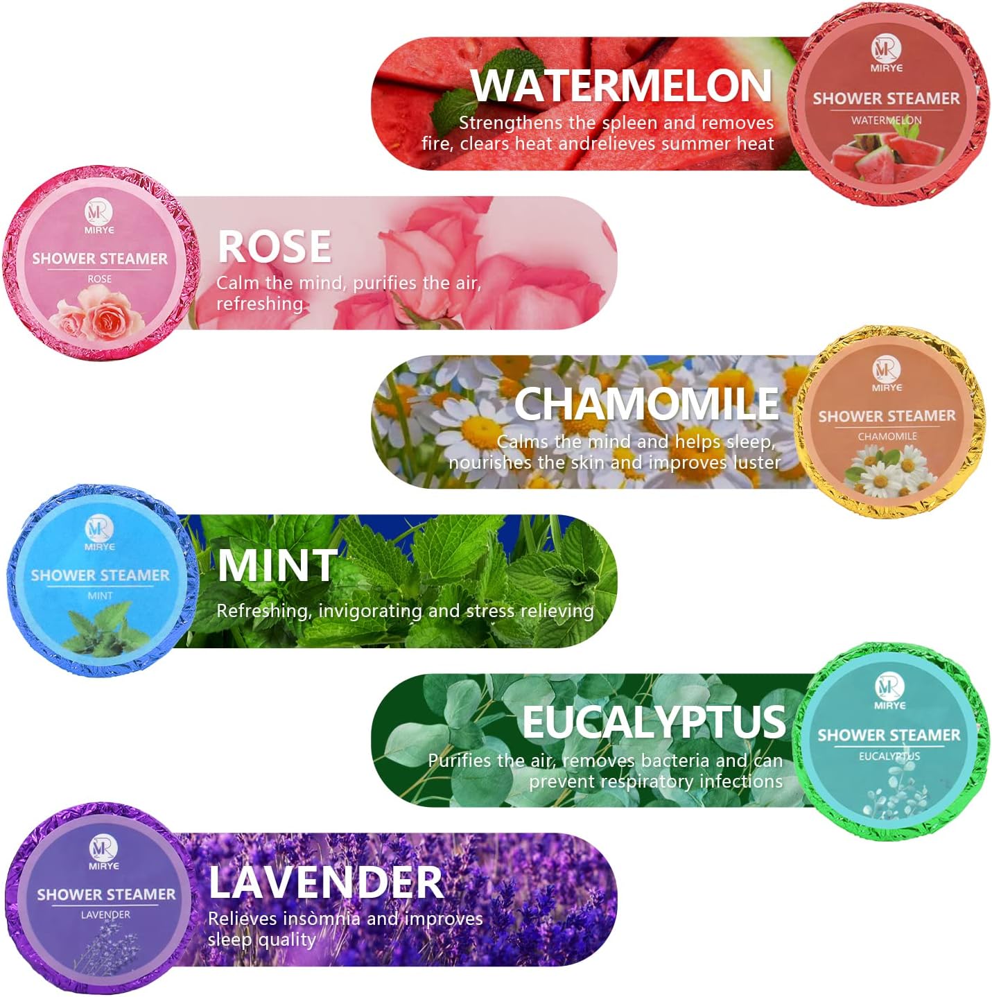 MR MIRYE Shower Steamers Aromatherapy for Women or Men, Organic with Chamomile Rose Lavender Mint Watermelon Eucalyptus Essential Oil, 18-Pack Shower Bombs Birthday Gift