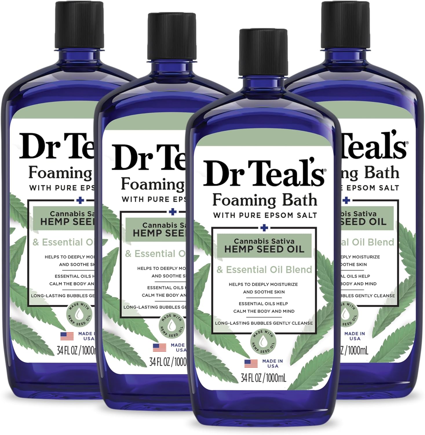 Dr Teal's Foaming Bath with Pure Epsom Salt, Cannabis Sativa Hemp Seed Oil, 34 fl oz (Pack of 4) (Packaging May Vary)