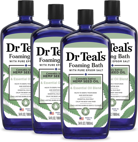 Dr Teal's Foaming Bath with Pure Epsom Salt, Cannabis Sativa Hemp Seed Oil, 34 fl oz (Pack of 4) (Packaging May Vary)