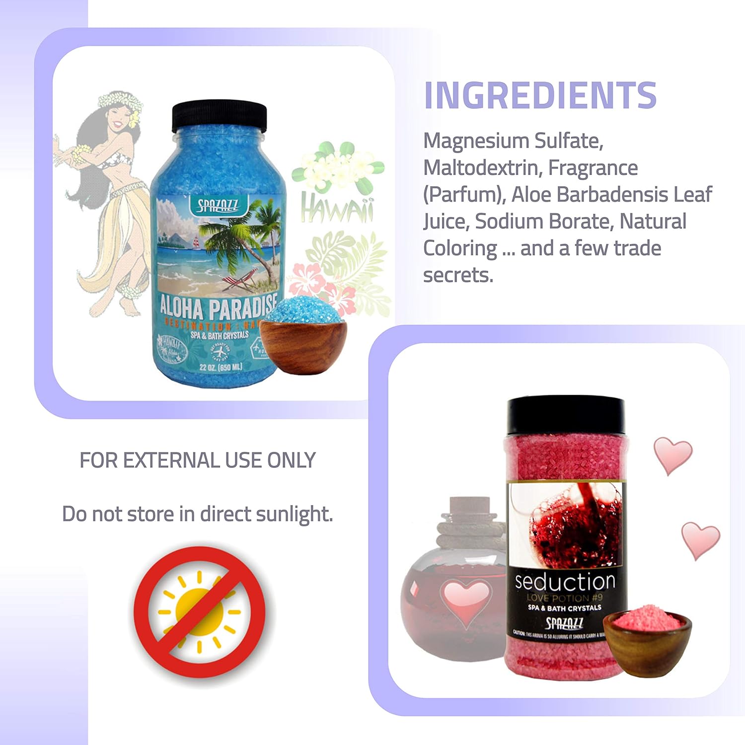 Spazazz Spa and Bath Crystals for Hot Tub and Bath Tubs — Set The Mood Love Potion #9 Seduction 17oz (482g) and Destinations Hawaii Aloha Paradise 22oz (650ml) — All Natural Aromatherapy Bundle