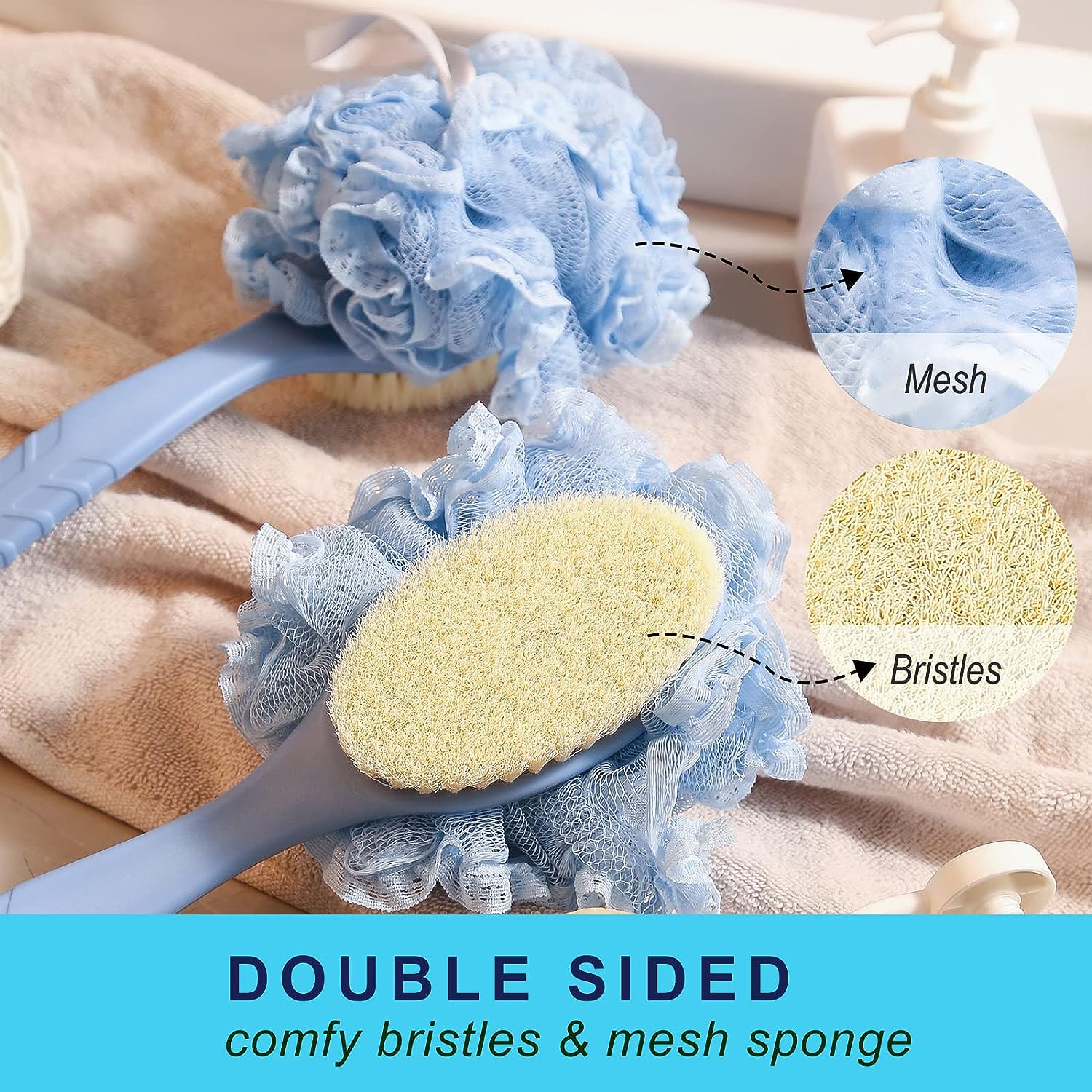 Back Scrubber Brush,TEGOOL Body Bath Shower Brush with Bristles and Loofah/Mesh Sponge,16 Inches Long Handle Built-in TPR Material Non-Slip for Exfoliating Massage Men and Women(Blue)