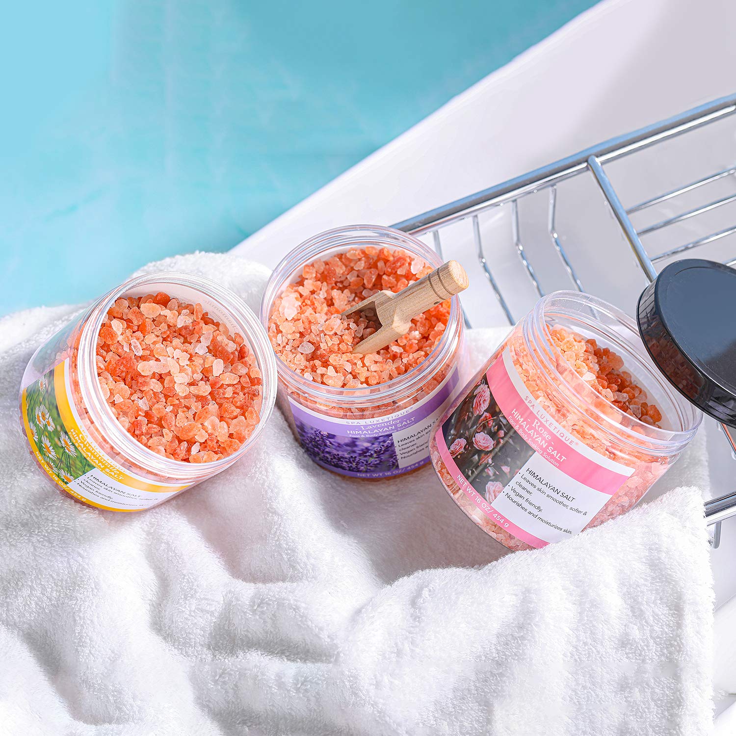 spa luxetique Bath Salts, 8pcs Bath Salts Gift Set with Argan Oil, Bath Bombs, Wooden Scoop, Epsom Salt for Soaking in Lavender, Rose, Chamomile Scent, Mother's Day Gifts