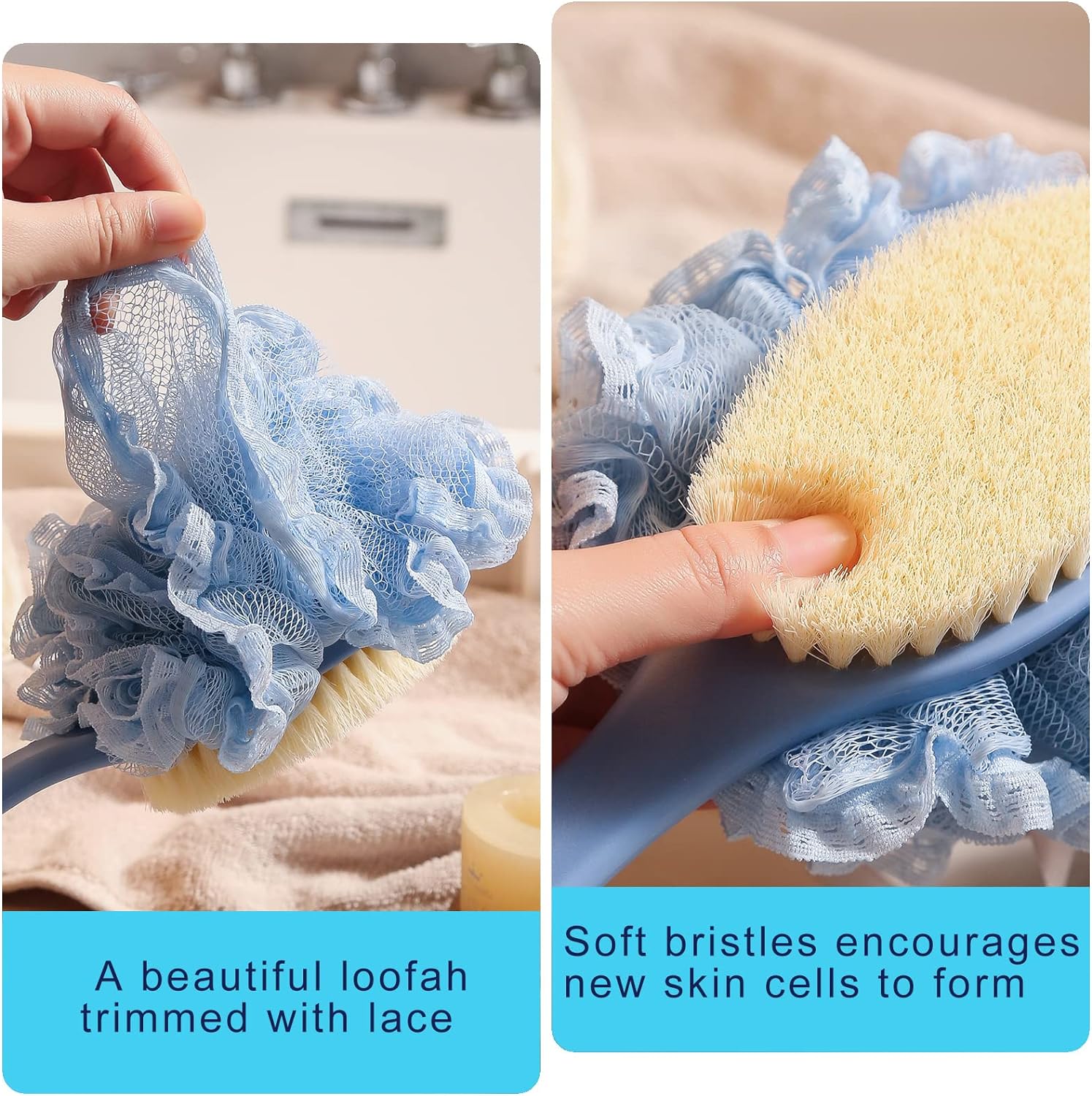 Back Scrubber Brush,TEGOOL Body Bath Shower Brush with Bristles and Loofah/Mesh Sponge,16 Inches Long Handle Built-in TPR Material Non-Slip for Exfoliating Massage Men and Women(Blue)