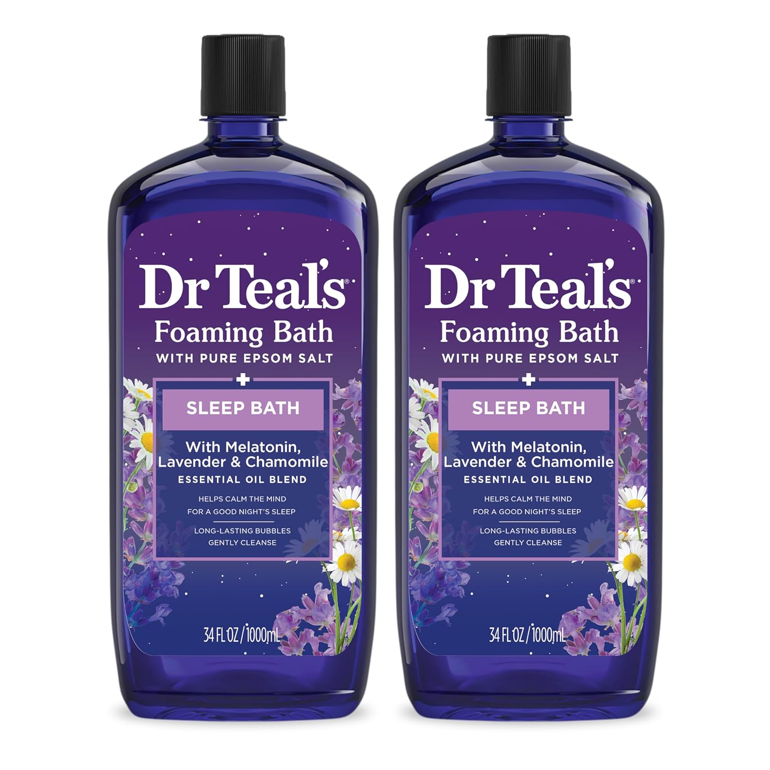 Dr Teal's Foaming Bath with Pure Epsom Salt, Sleep Blend with Melatonin, Lavender & Chamomile Essential Oils, 34 fl oz (Pack of 4) (Packaging May Vary)