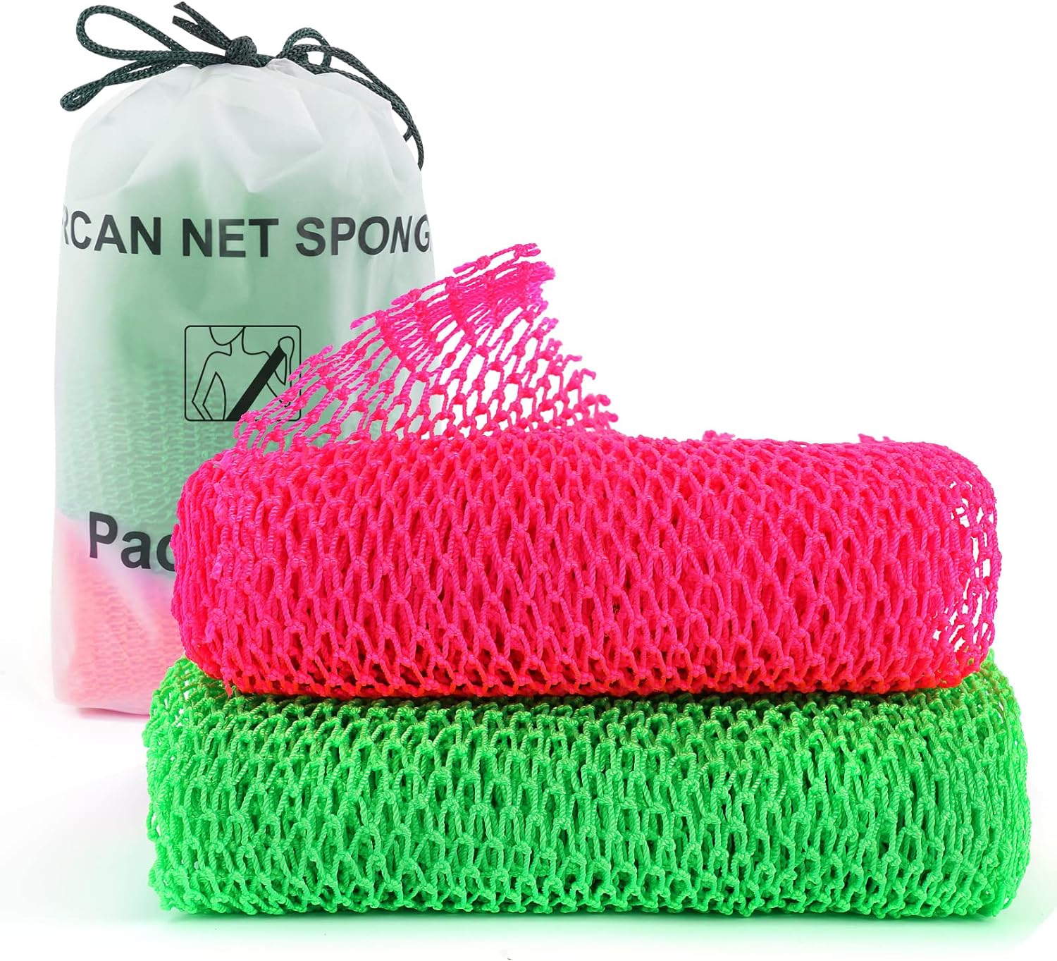 2 Pieces African Net Sponge, African Exfoliating Net Rip-Resistant Loofah Exfoliating, Body Back Scrubber for Shower, Authentic Long Nylon Exfoliating Back Washcloth Towel for All Skin