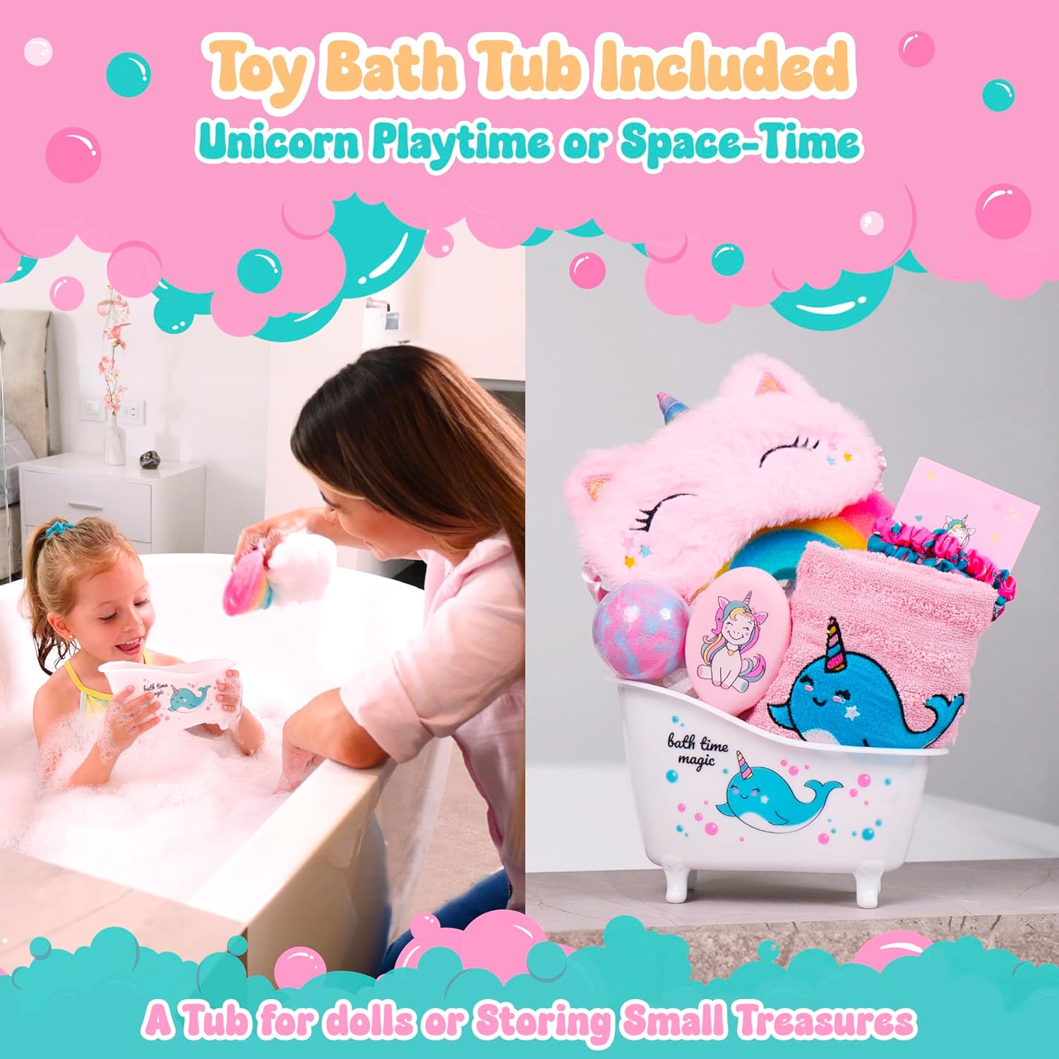 Unicorn Bath Gift Set for Girls Ages 3-8,10 pcs Kids Gift Box with Bath Bombs,Sponge,Eye mask&Hairbrush,Fun Birtday and Holiday Present,Lovely gifts.