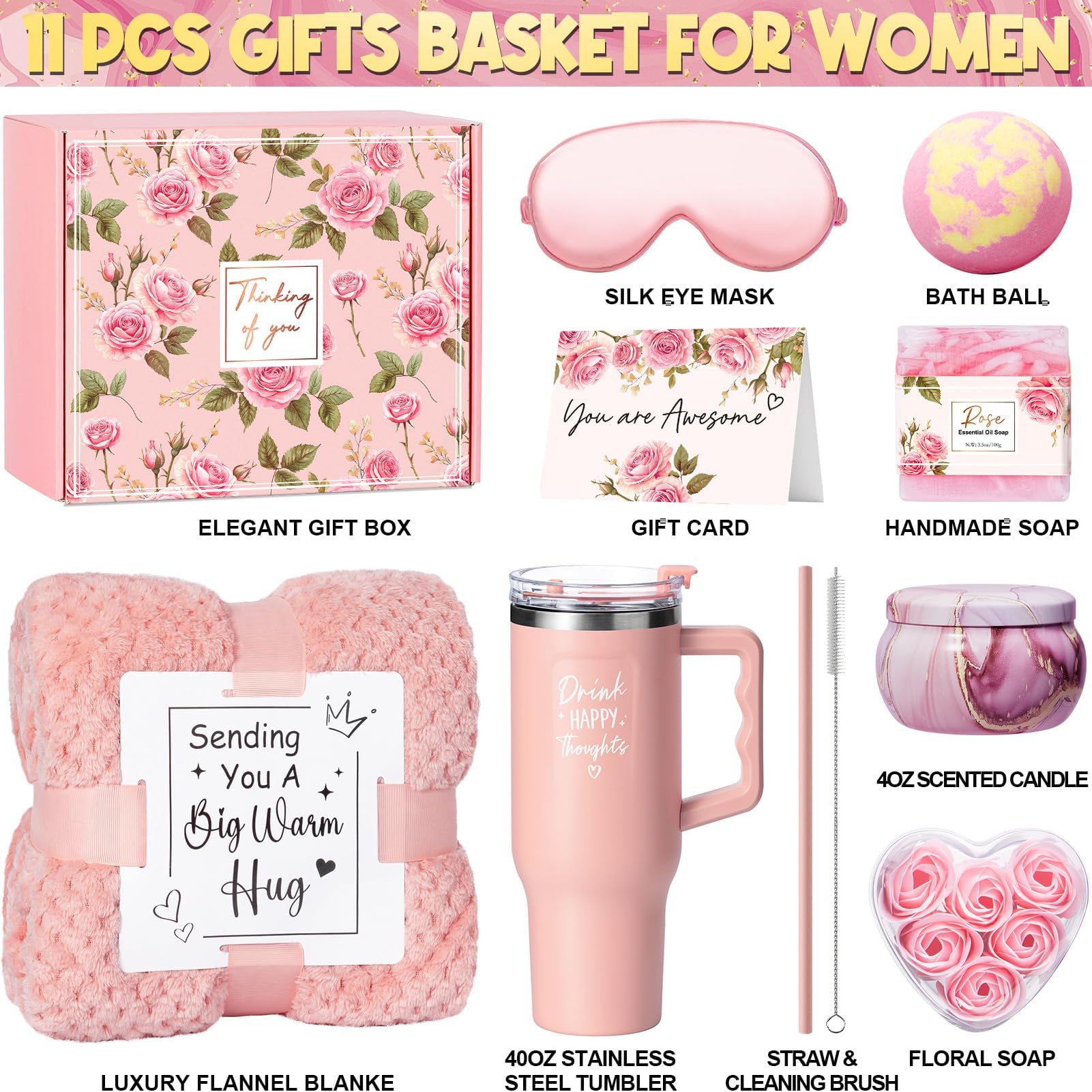 SEDUMBLISS NR 4 - Birthday Gifts for Women Self Care Get Well Soon Gifts, Rose Relaxing Spa Gifts Box Care Package Basket w/ Luxury Flannel Blanket 40 oz Tumbler, Christmas Gifts Set for Mom Her Wife Girlfriend Sister