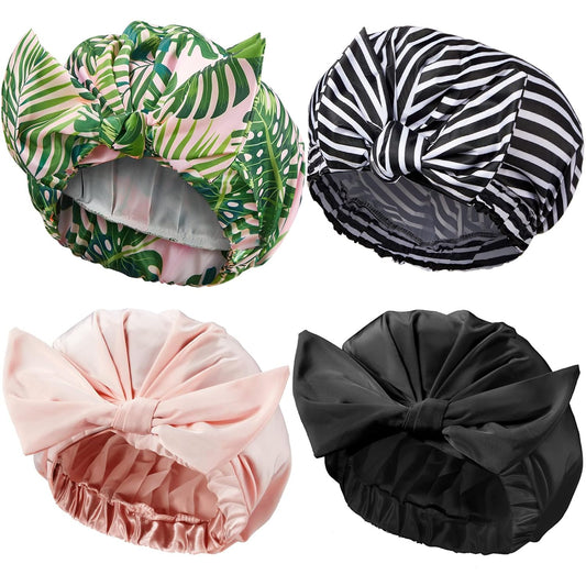 Floraltop 4 Pcs Shower Caps for Women, Waterproof Reusable Shower Hair Caps Bowknot Satin Bath Hair Caps Elastic Hem Turban Shower Bath Caps for Long Short Curly Hair Women Girls (Stripe)