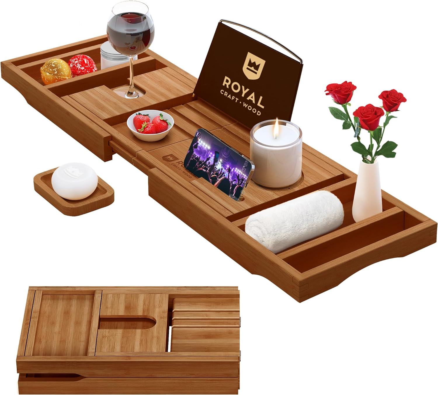 ROYAL CRAFT WOOD Foldable Bathtub Tray Caddy Bamboo Bathtub Tray Expandable, Bath Tub Table Caddy with Extending Sides - Free Soap Dish