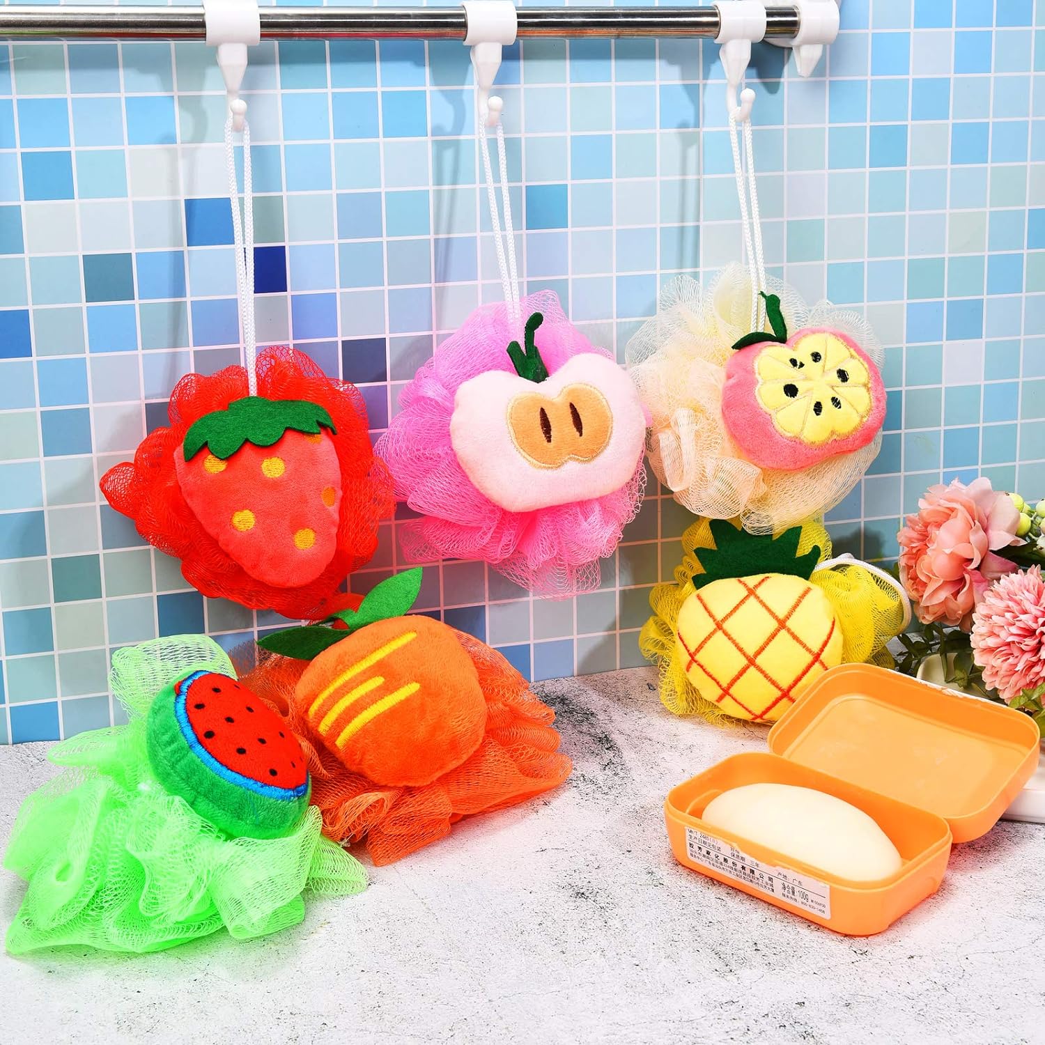 6 Pieces Cute Fruit Bath Shower Sponge Loofahs Mesh Pouf Shower Ball Colorful Cartoon Body Scrubber Balls Shower Mesh for Kids Adults