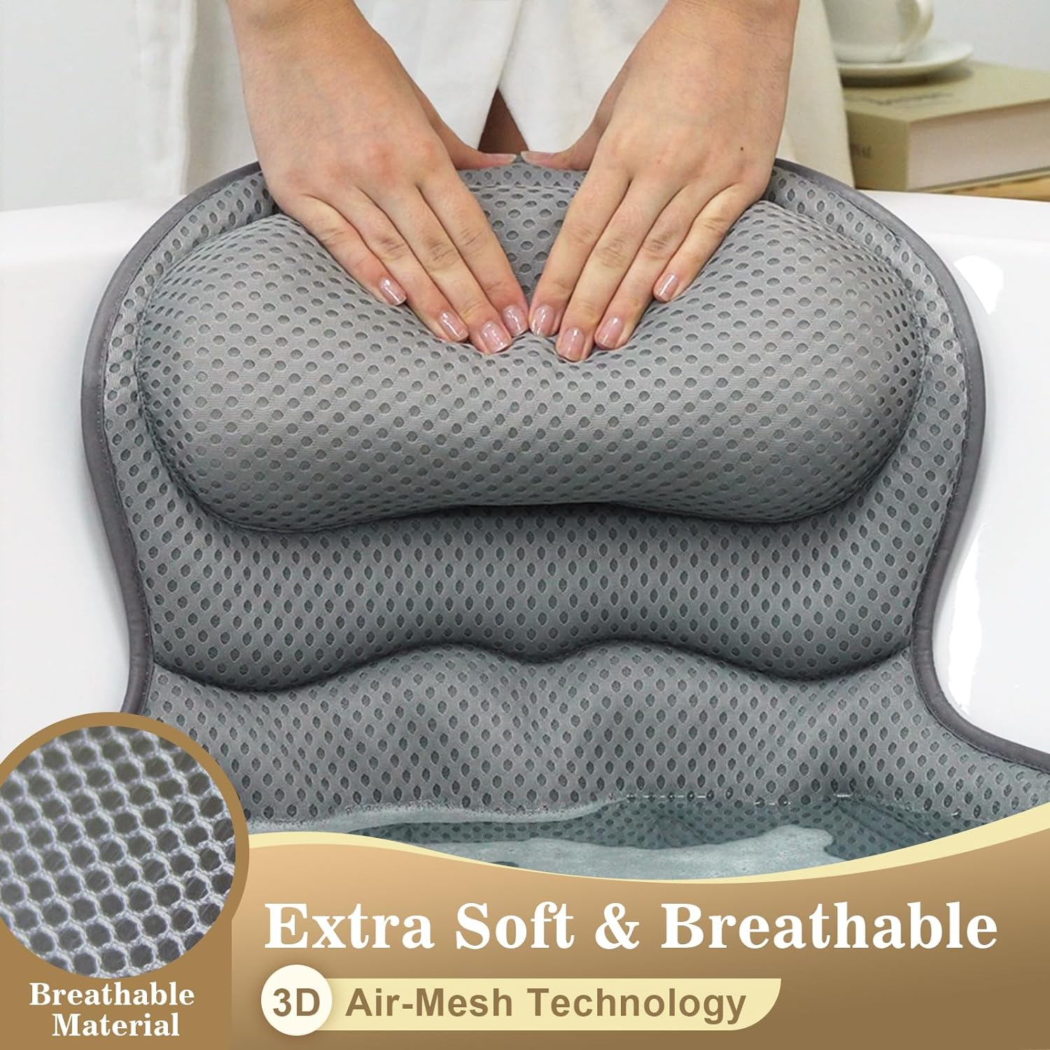 Bath Pillow Luxury Bathtub Pillow, Extra Soft & Comfortable Bath Pillow for Tub Head Neck and Back Support, with 3D Air Mesh Cushions & Non-Slip Suction Cups – Great Christmas Bath Gift (Gray)