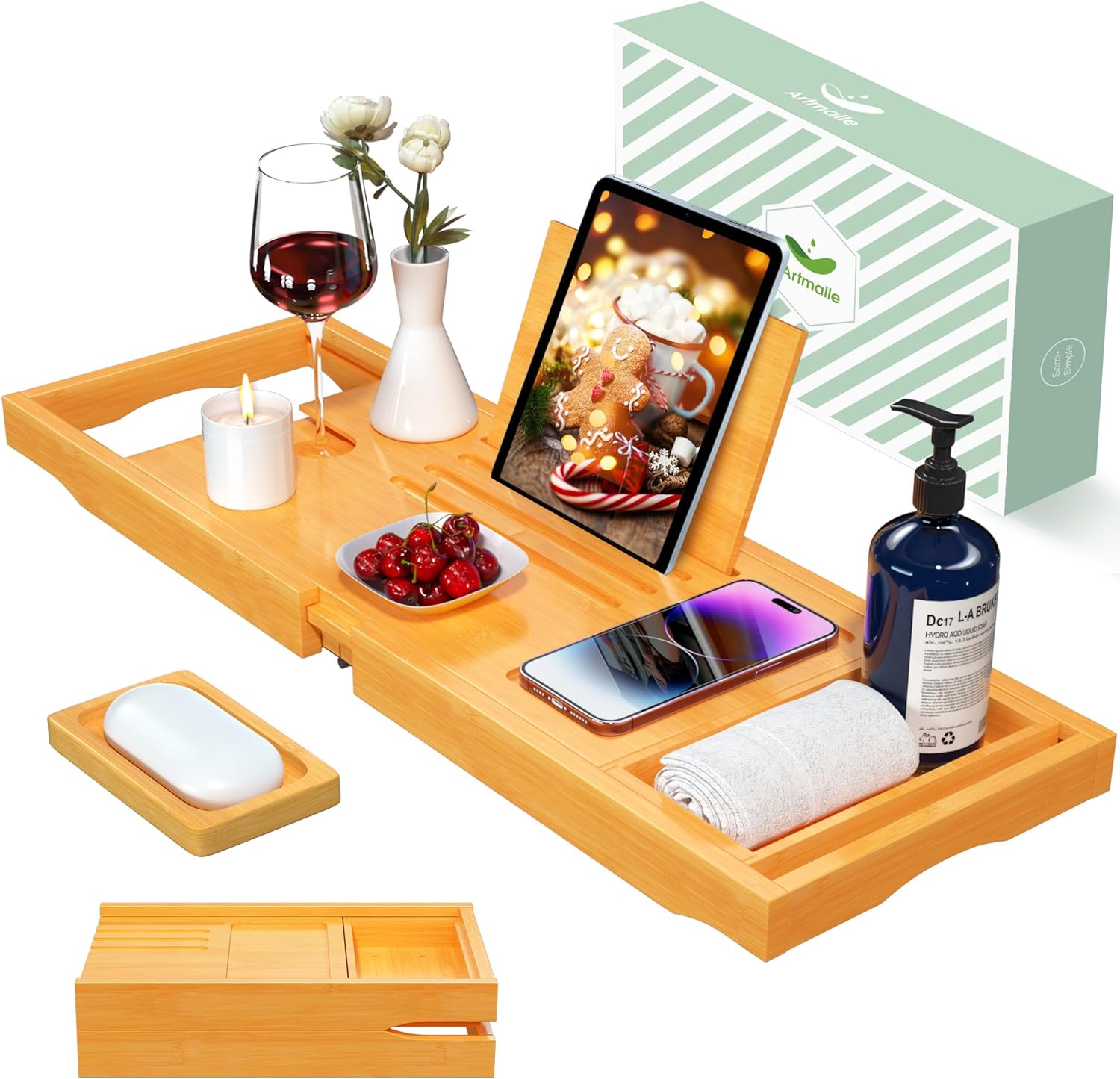 Artmalle Bathtub Caddy Tray for Tub,Foldable Bamboo Bath Table Tray with Book and Wine Glass Holder, Expandable Bathroom Accessories with Free Soap Dish Suitable for Luxury Spa or Reading