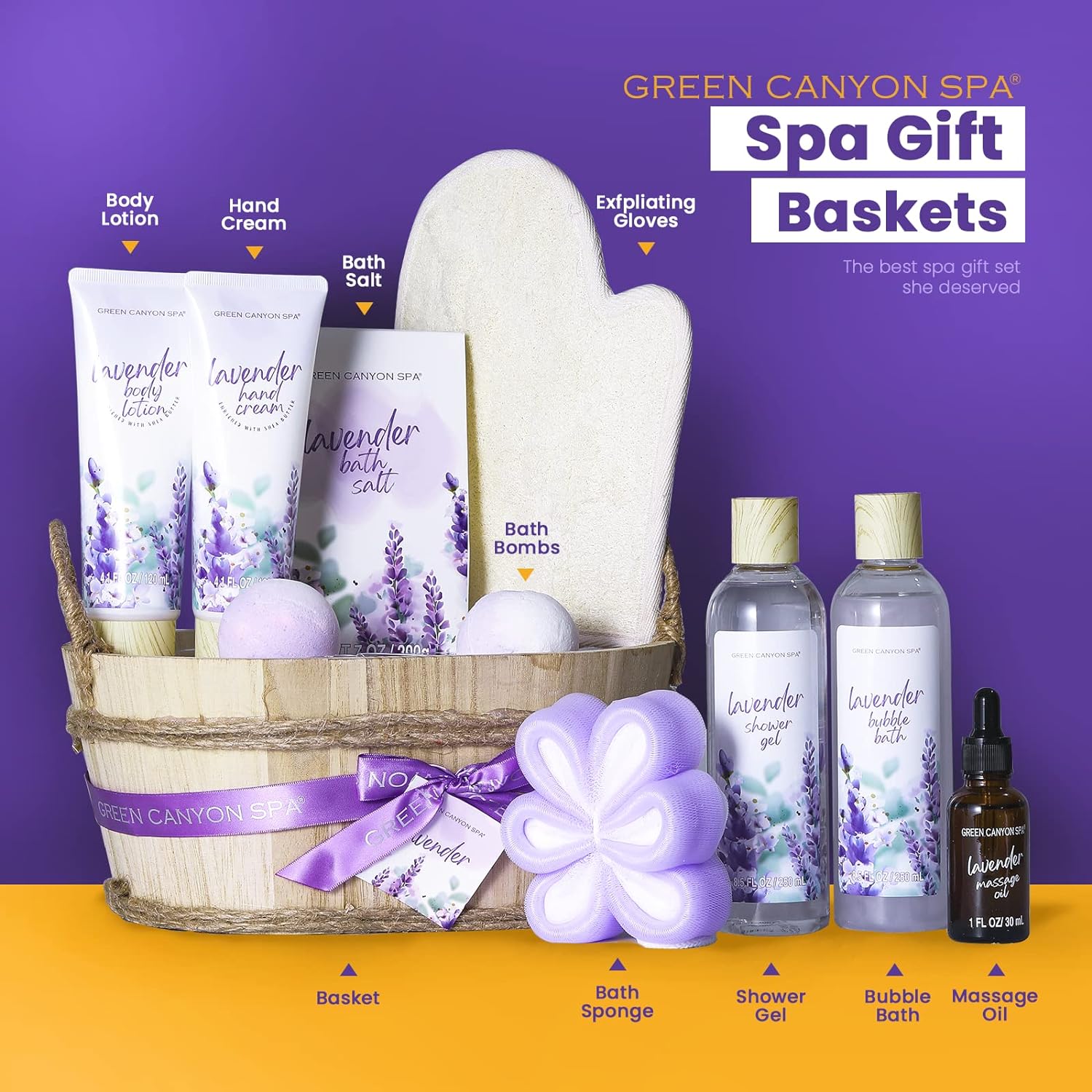 Spa Gift Baskets for Women 11pcs Lavender Bath Gift Set with Body Lotion, Essential Oil, Relaxing Spa Baskets for Women, Birthday Gifts, Christmas Gift
