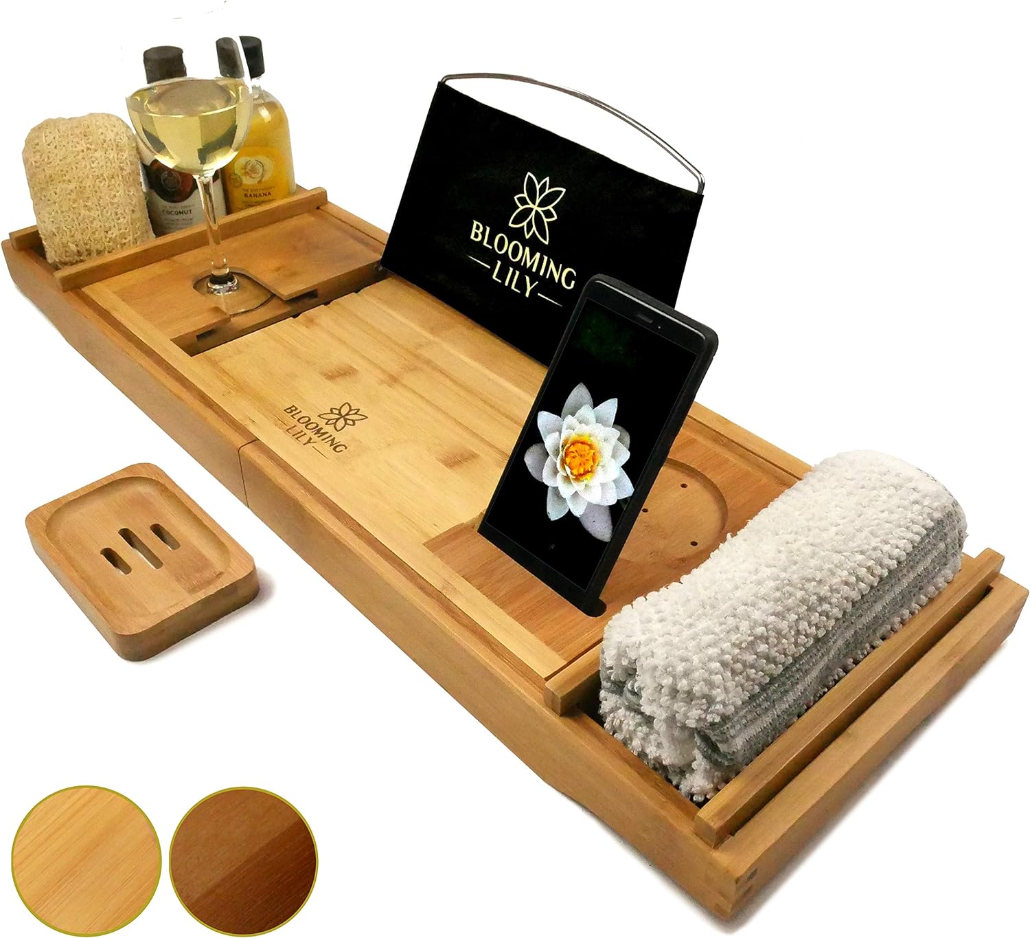 Blooming Lily Sturdily Designed Bath Tray with Wine Glass Holder, Ipad Stand and More Suitable for Most Baths (Natural)