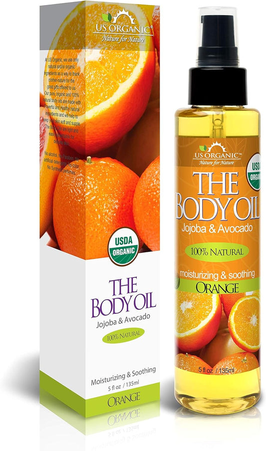 US Organic Body Oil - Fresh Orange - Jojoba and Avocado Oil with Vitamin E, USDA Certified Organic, No Alcohol, Paraben, Artificial Detergents, Color or Synthetic perfumes, 5 Fl.oz. (Orange)
