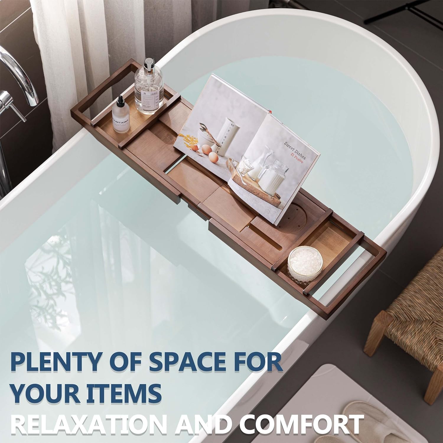 HBlife Bathtub Caddy Tray Foldable Bamboo Bath Table Tray with Book and Wine Glass Holder, Expandable Bathroom Accessories