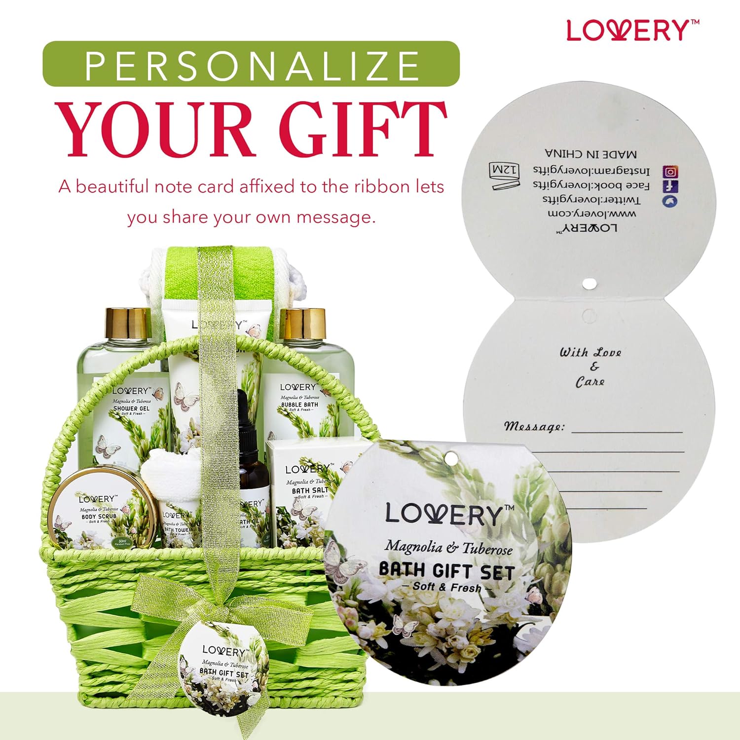 Valentines Day Gifts from Daughter and Son, Bath and Body Birthday Gift Basket For Women and Men – Magnolia & Tuberose Home Spa Set, Includes Fragrant Lotions, Massage Oil, Bath Towel & More - 9pc Set