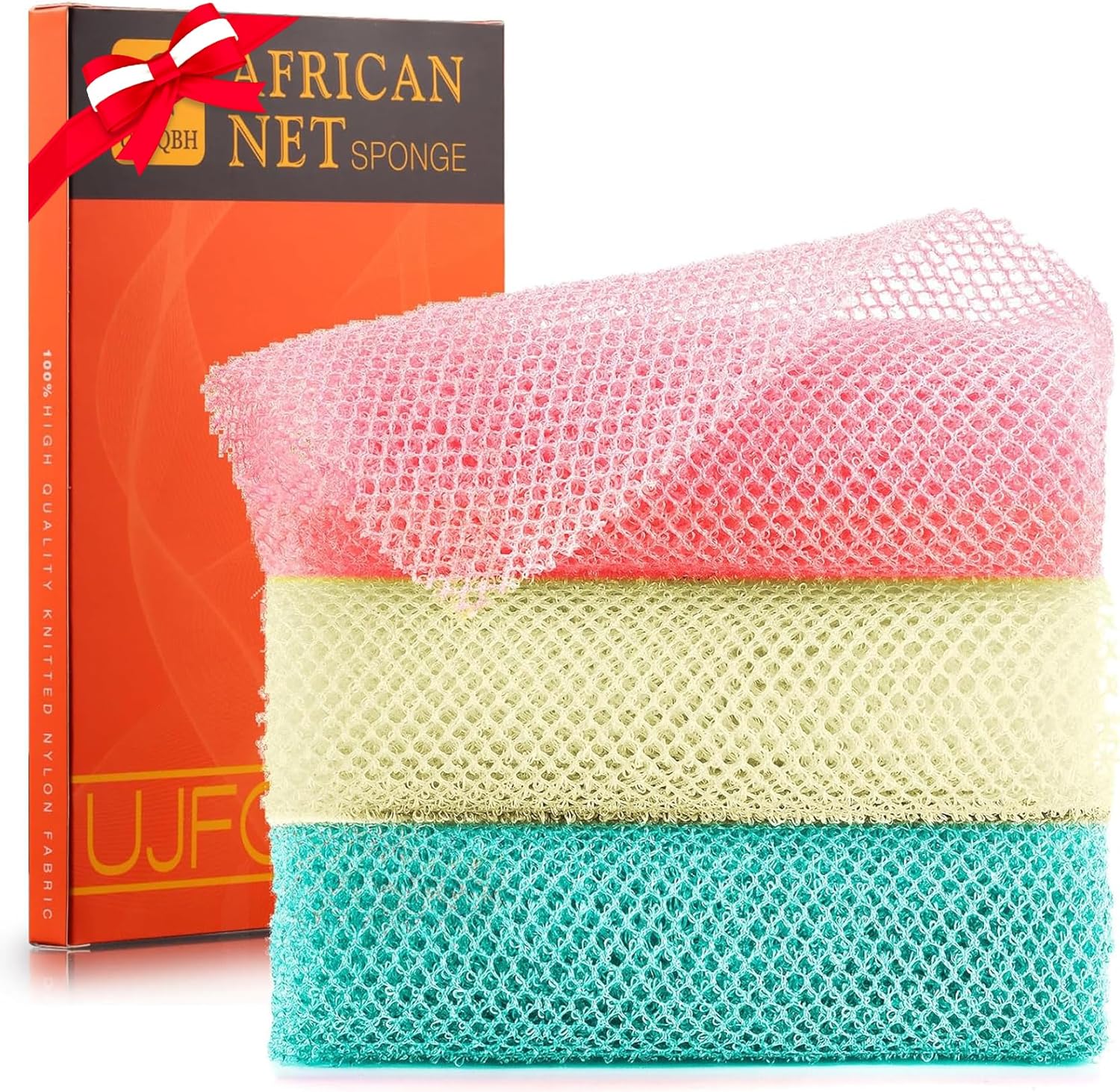 UJFQBH 3 Pieces African Bath Sponge African Net Long Net Bath Sponge Exfoliating Shower Body Scrubber Back Scrubber Skin Smoother,Great for Daily Use (Pink,Yellow,Purple)