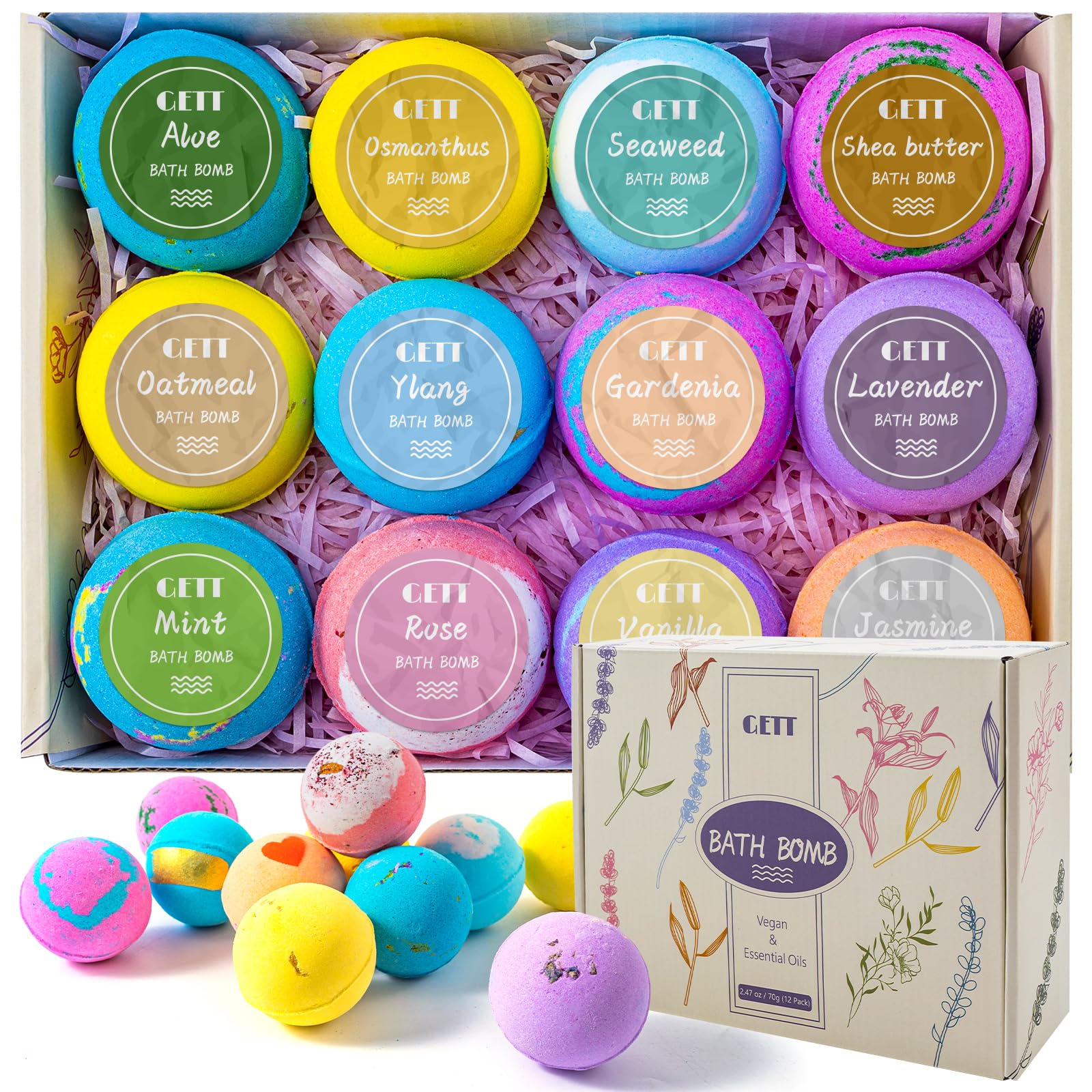 GETT Lavender Bath Bombs 4-pcs, Individually Wrapped Bath Bombs for Men & Women, Luxury Gift Set with Vegan and Essential Oils, Relaxing and Moisturizing Bubble Bath, Organic Bath Essentials for All
