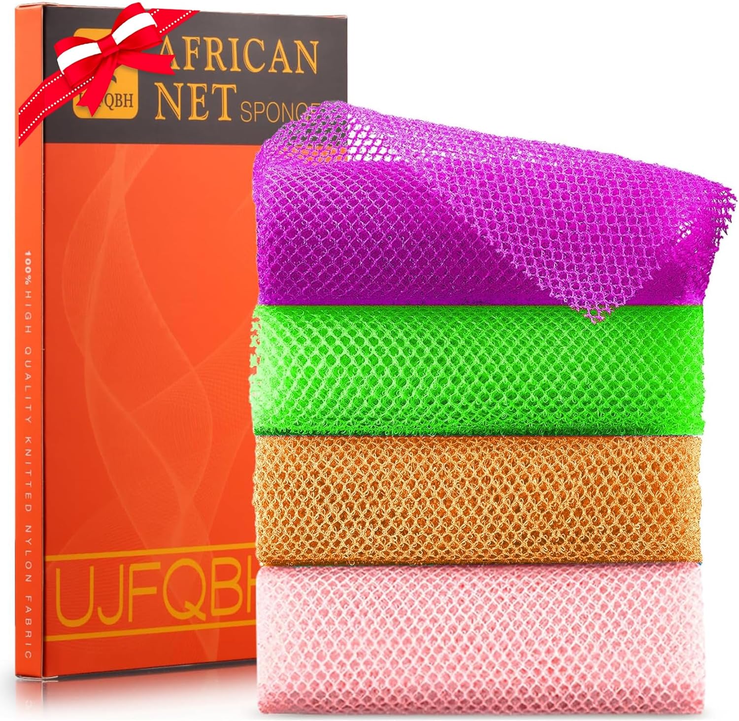 UJFQBH 3 Pieces African Bath Sponge African Net Long Net Bath Sponge Exfoliating Shower Body Scrubber Back Scrubber Skin Smoother,Great for Daily Use (Pink,Yellow,Purple)