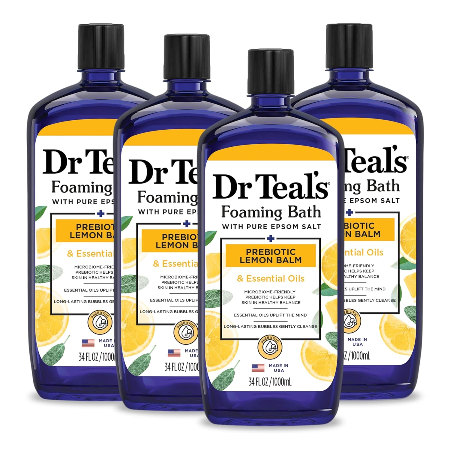 Dr Teal's Foaming Bath with Pure Epsom Salt, Sleep Blend with Melatonin, Lavender & Chamomile Essential Oils, 34 fl oz (Pack of 4) (Packaging May Vary)