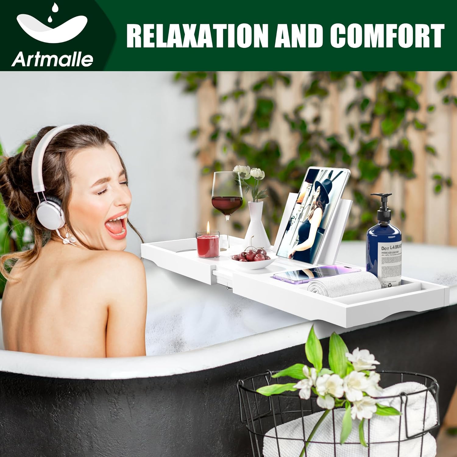 Artmalle Bathtub Caddy Tray for Tub,Foldable Bamboo Bath Table Tray with Book and Wine Glass Holder, Expandable Bathroom Accessories with Free Soap Dish Suitable for Luxury Spa or Reading
