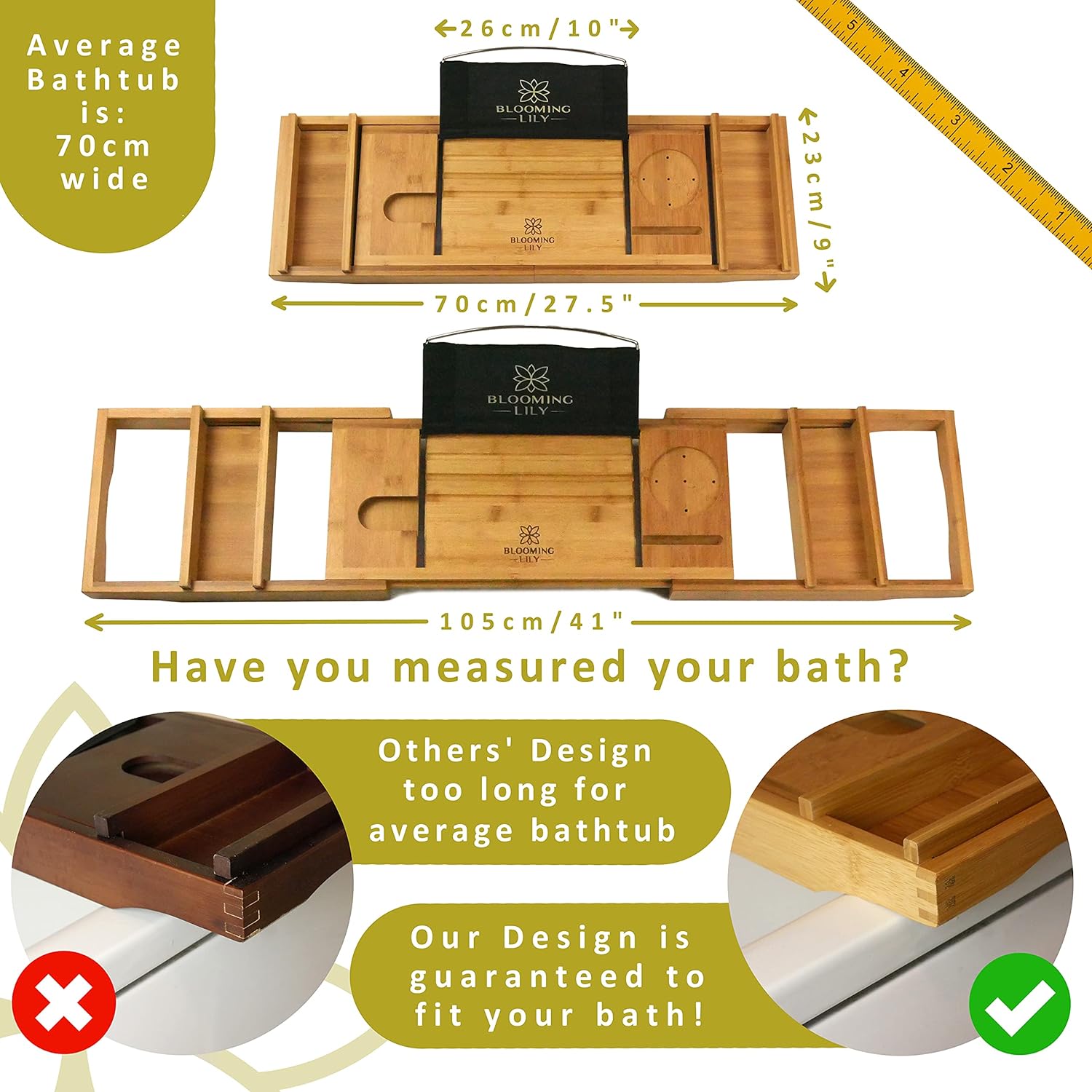 Blooming Lily Sturdily Designed Bath Tray with Wine Glass Holder, Ipad Stand and More Suitable for Most Baths (Natural)