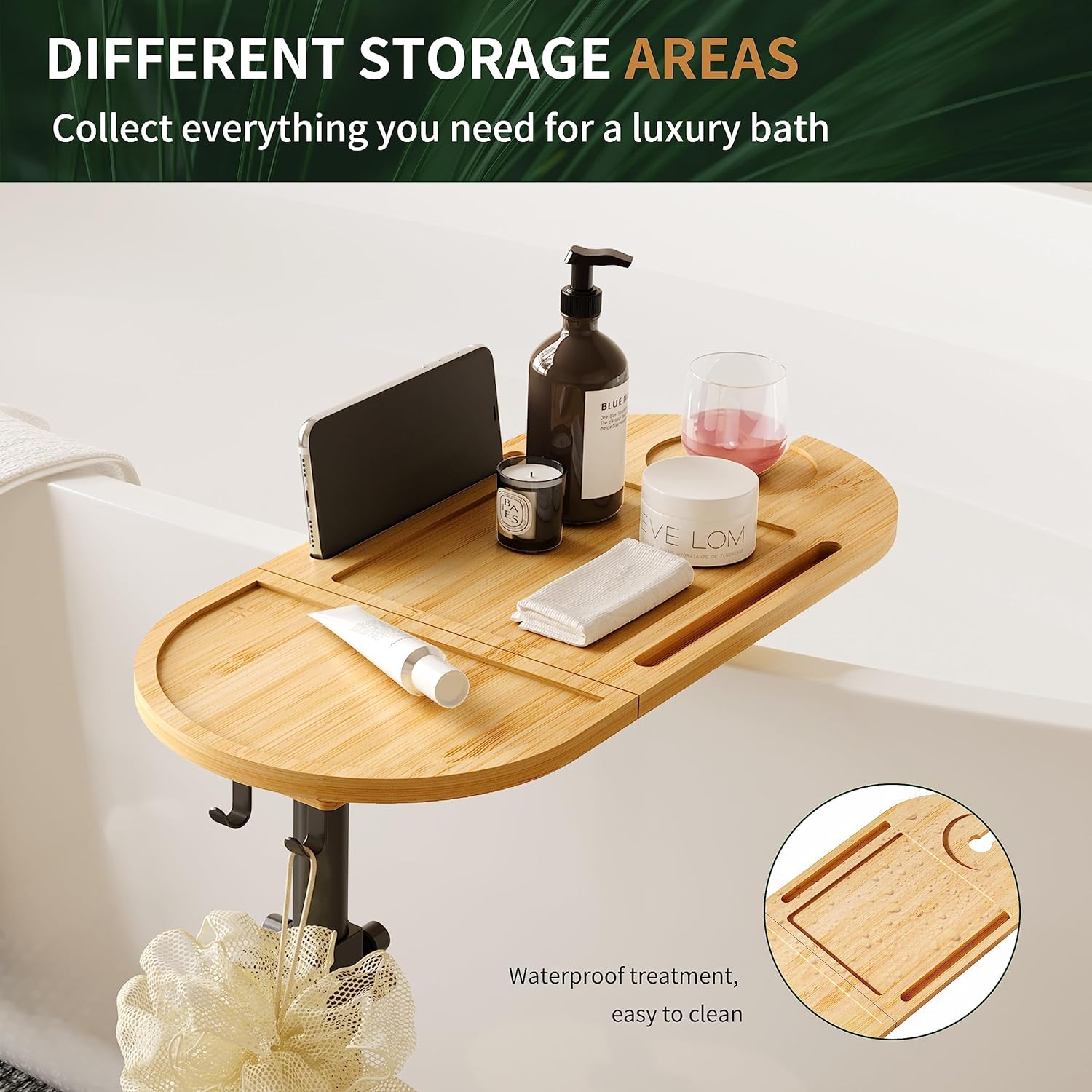 Ackitry Bamboo Bathtub Tray Table with 17-32 inch Adjustable Height, Liftable Freestanding Bath Caddy Tray for Tub Against Wall, Bathtub Side Table Shelf for Luxury Bath Home Spa Bathtub Accessories